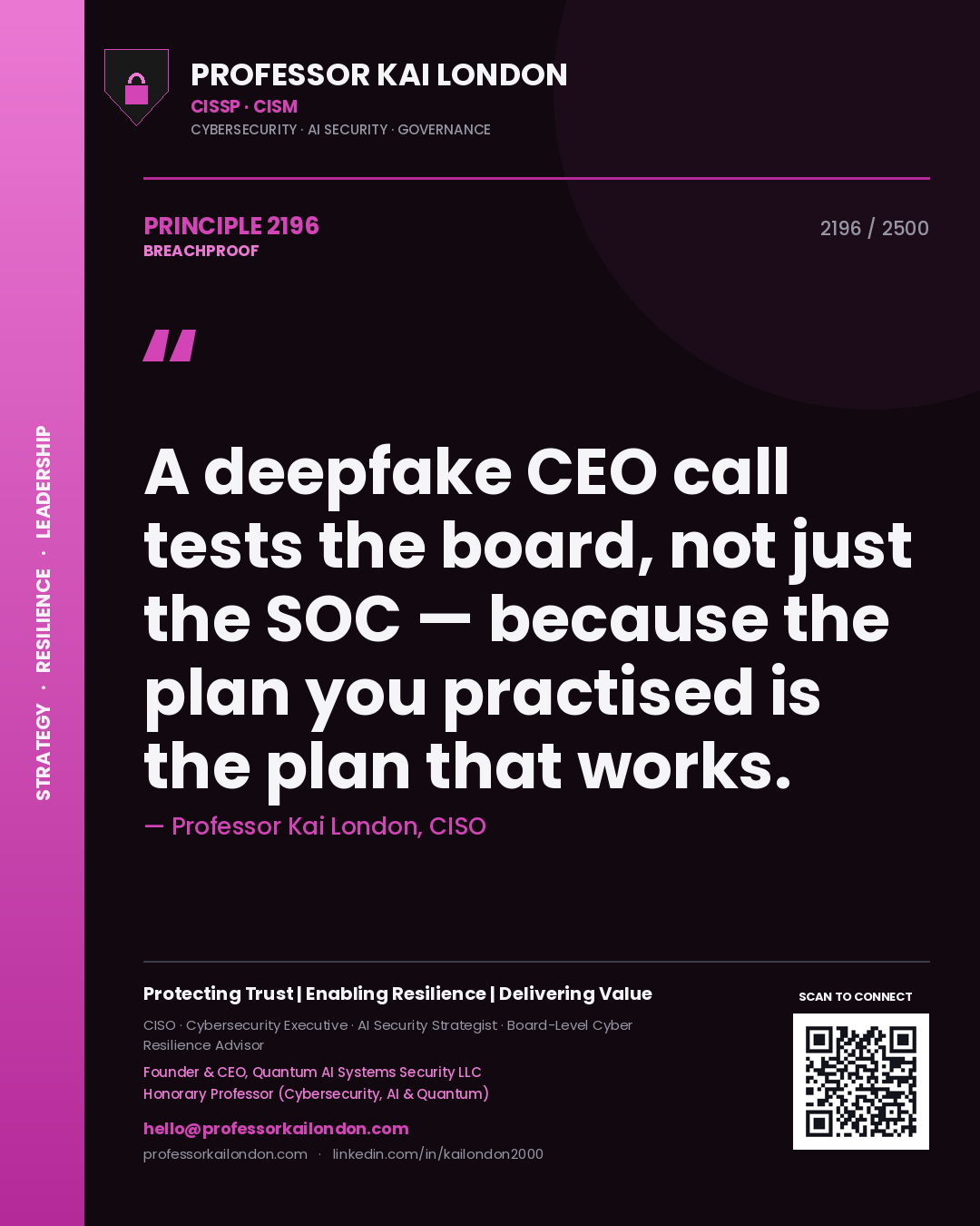 Quote card by Professor Kai London reading 'A deepfake CEO call tests the board, not just the SOC — because the plan you practised is the plan that works.'. From the book Breachproof.
