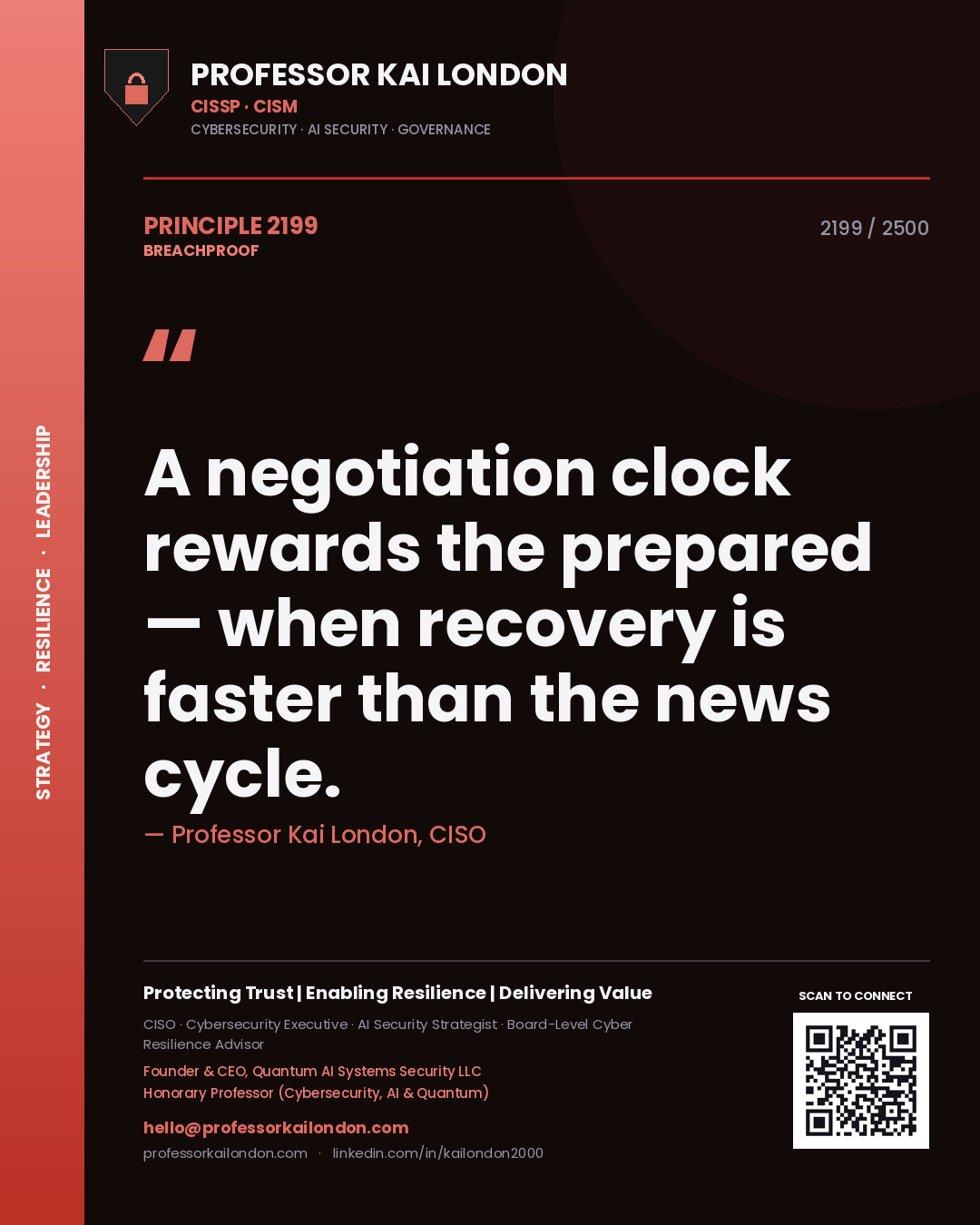 Quote card by Professor Kai London reading 'A negotiation clock rewards the prepared — when recovery is faster than the news cycle.'. From the book Breachproof.