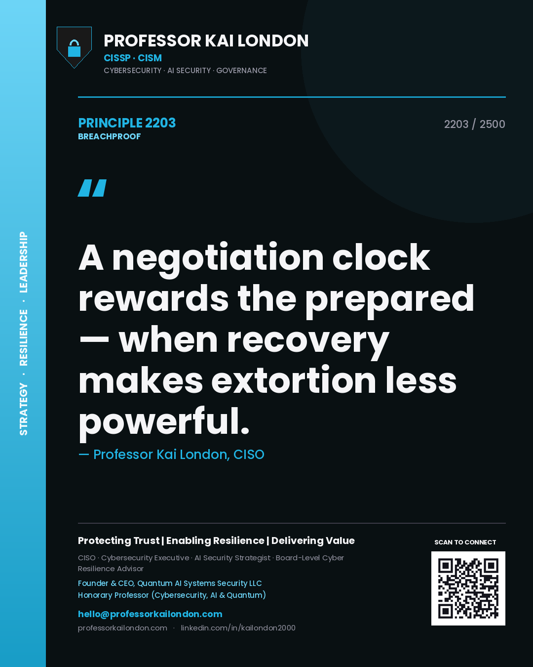 Quote card by Professor Kai London reading 'A negotiation clock rewards the prepared — when recovery makes extortion less powerful.'. From the book Breachproof.