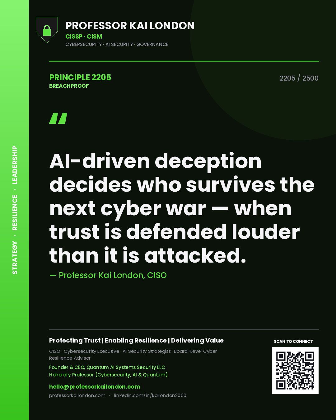 Quote card by Professor Kai London reading 'AI-driven deception decides who survives the next cyber war — when trust is defended louder than it is attacked.'. From the book Breachproof.