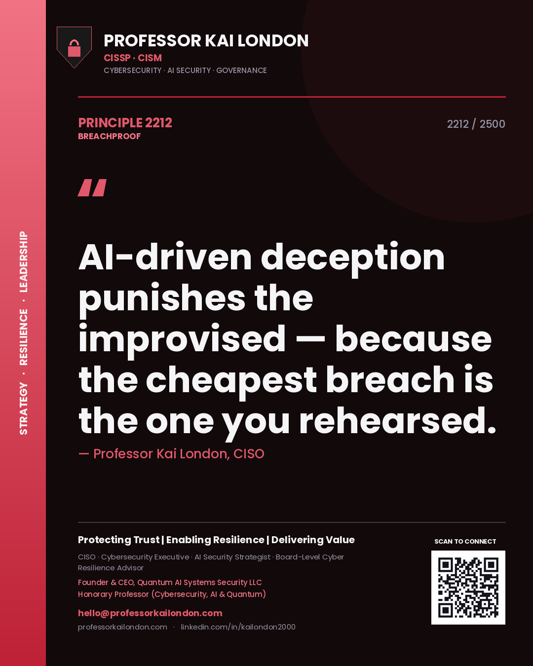 Quote card by Professor Kai London reading 'AI-driven deception punishes the improvised — because the cheapest breach is the one you rehearsed.'. From the book Breachproof.