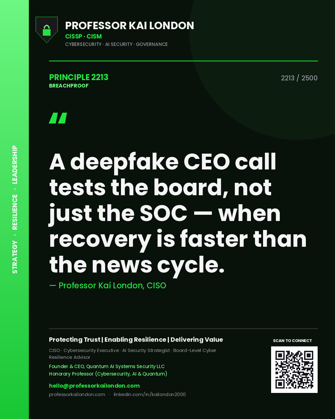 Professor Kai London principle 2213: A deepfake CEO call tests the board, not just the SOC — when recovery is faster than the news cycle.