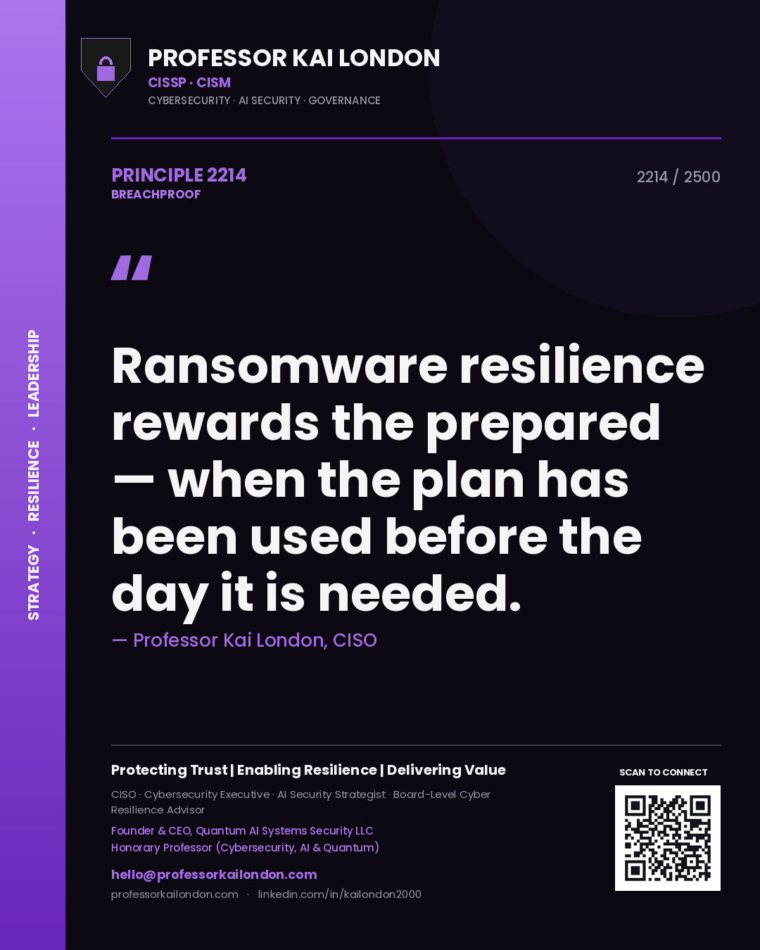 Quote card by Professor Kai London reading 'Ransomware resilience rewards the prepared — when the plan has been used before the day it is needed.'. From the book Breachproof.