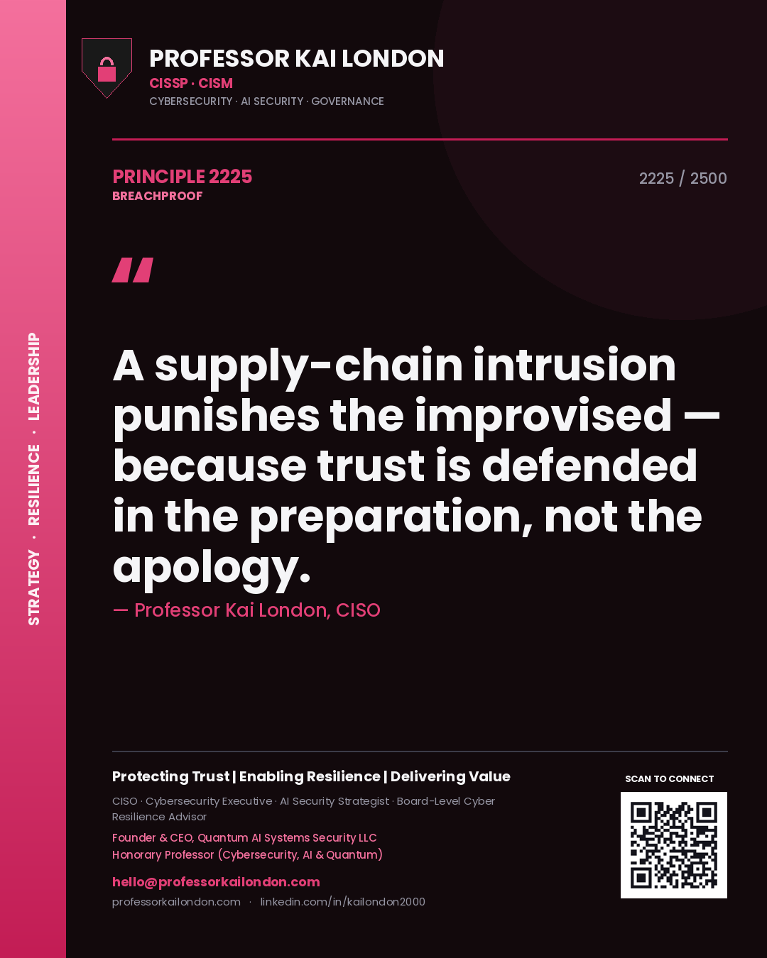 Professor Kai London principle 2225: A supply-chain intrusion punishes the improvised — because trust is defended in the preparation, not the apology.