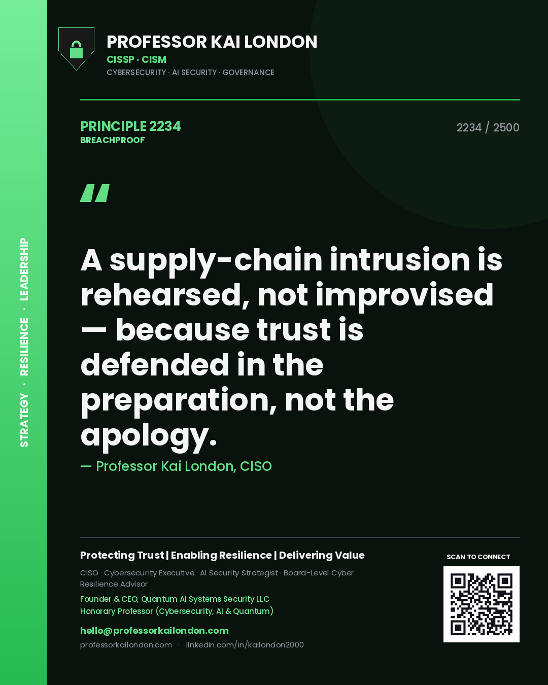 Professor Kai London principle 2234: A supply-chain intrusion is rehearsed, not improvised — because trust is defended in the preparation, not the apology.