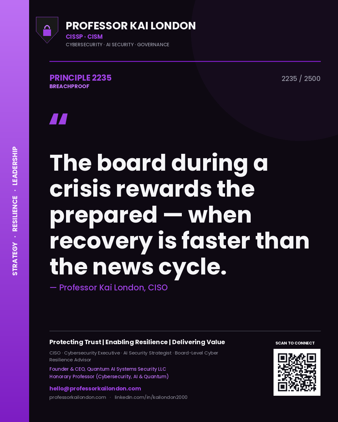 Quote card by Professor Kai London reading 'The board during a crisis rewards the prepared — when recovery is faster than the news cycle.'. From the book Breachproof.