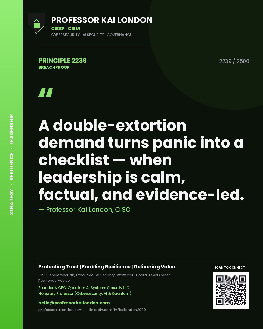 Quote card by Professor Kai London reading 'A double-extortion demand turns panic into a checklist — when leadership is calm, factual, and evidence-led.'. From the book Breachproof.