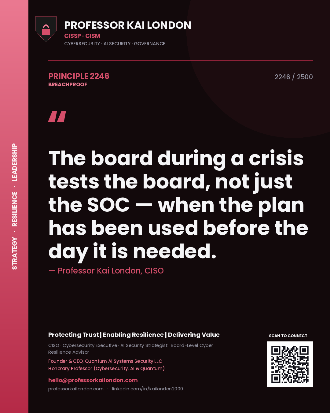 Professor Kai London principle 2246: The board during a crisis tests the board, not just the SOC — when the plan has been used before the day it is needed.