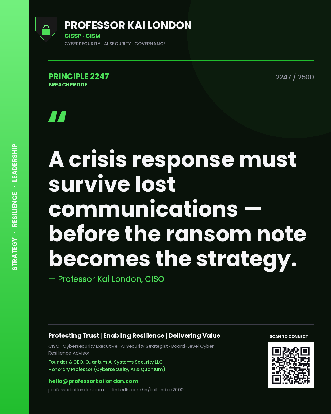 Quote card by Professor Kai London reading 'A crisis response must survive lost communications — before the ransom note becomes the strategy.'. From the book Breachproof.