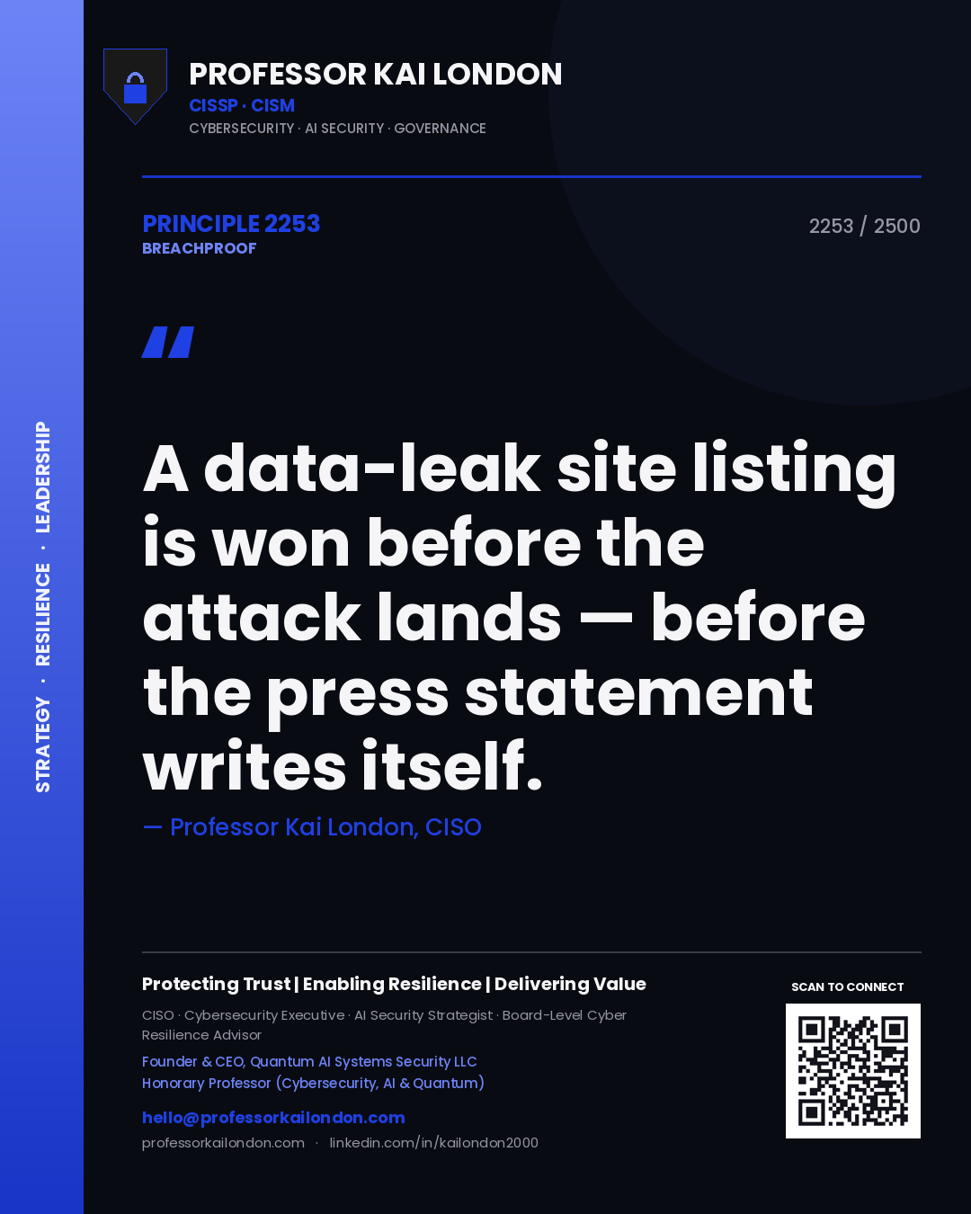 Quote card by Professor Kai London reading 'A data-leak site listing is won before the attack lands — before the press statement writes itself.'. From the book Breachproof.