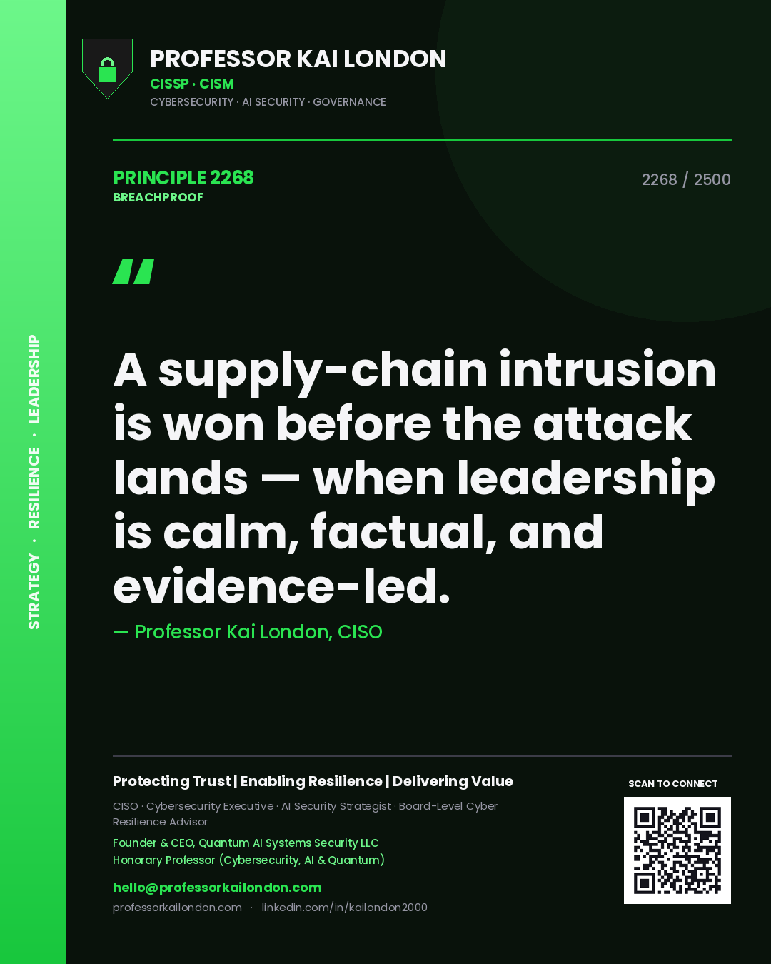 Quote card by Professor Kai London reading 'A supply-chain intrusion is won before the attack lands — when leadership is calm, factual, and evidence-led.'. From the book Breachproof.
