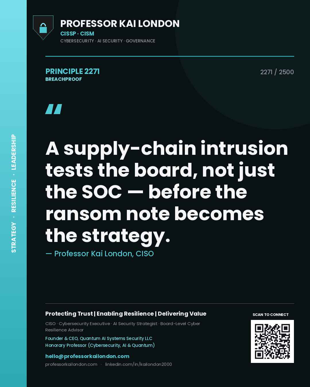 Quote card by Professor Kai London reading 'A supply-chain intrusion tests the board, not just the SOC — before the ransom note becomes the strategy.'. From the book Breachproof.