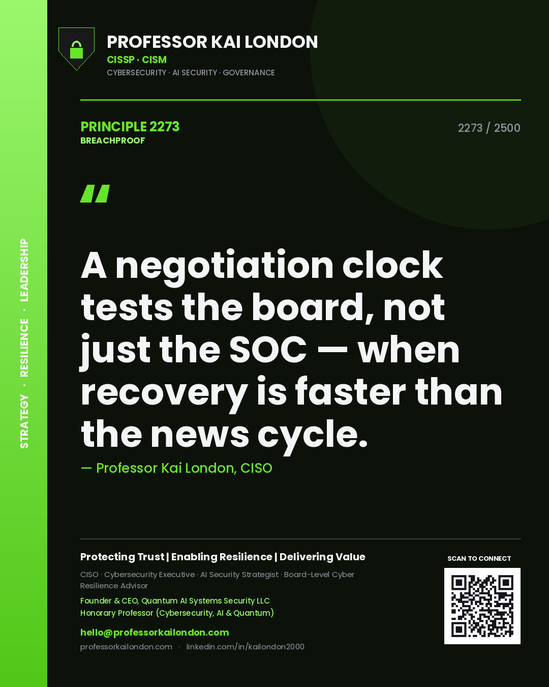 Quote card by Professor Kai London reading 'A negotiation clock tests the board, not just the SOC — when recovery is faster than the news cycle.'. From the book Breachproof.