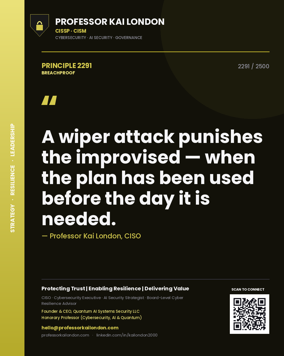 Quote card by Professor Kai London reading 'A wiper attack punishes the improvised — when the plan has been used before the day it is needed.'. From the book Breachproof.
