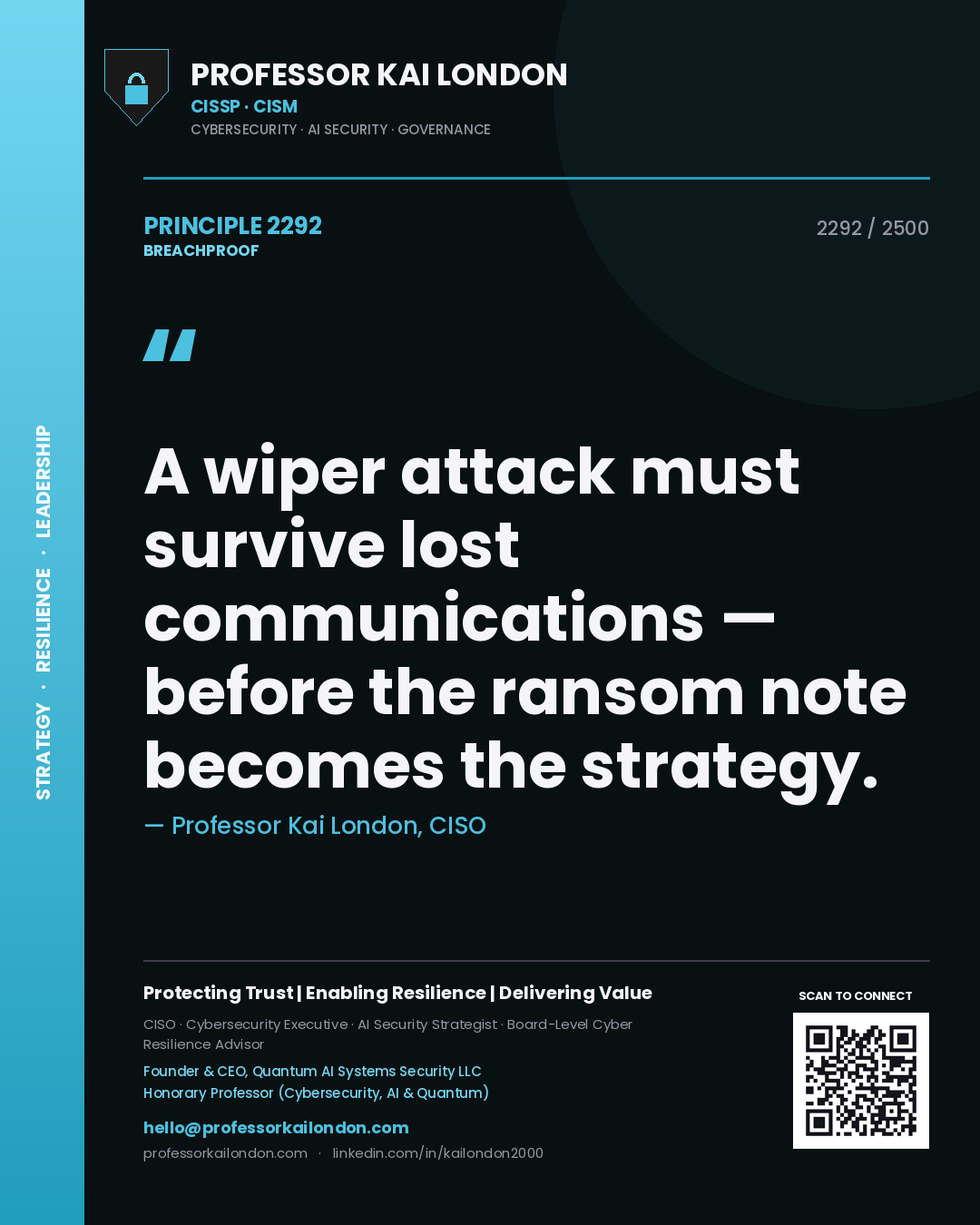 Quote card by Professor Kai London reading 'A wiper attack must survive lost communications — before the ransom note becomes the strategy.'. From the book Breachproof.