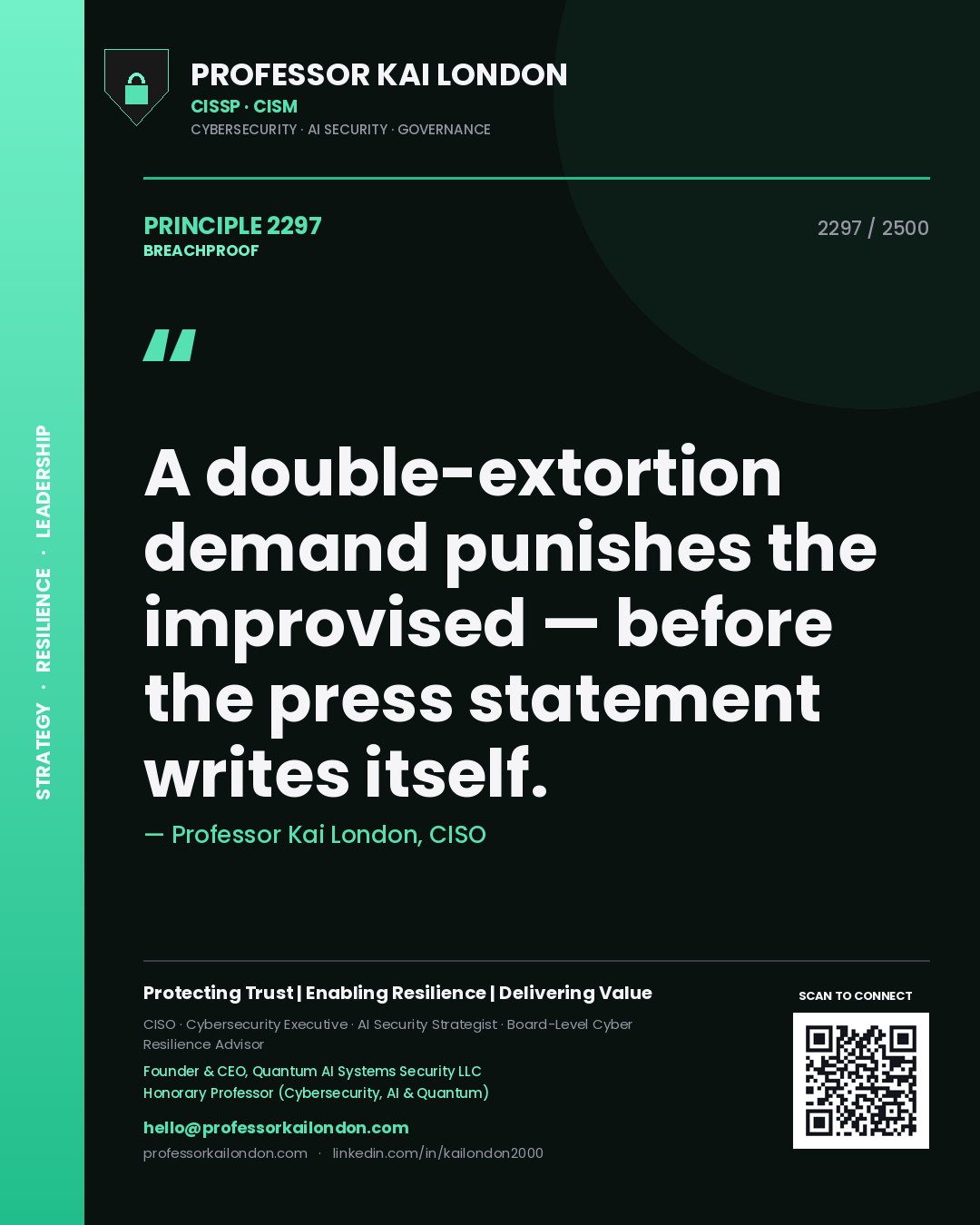 Professor Kai London principle 2297: A double-extortion demand punishes the improvised — before the press statement writes itself.