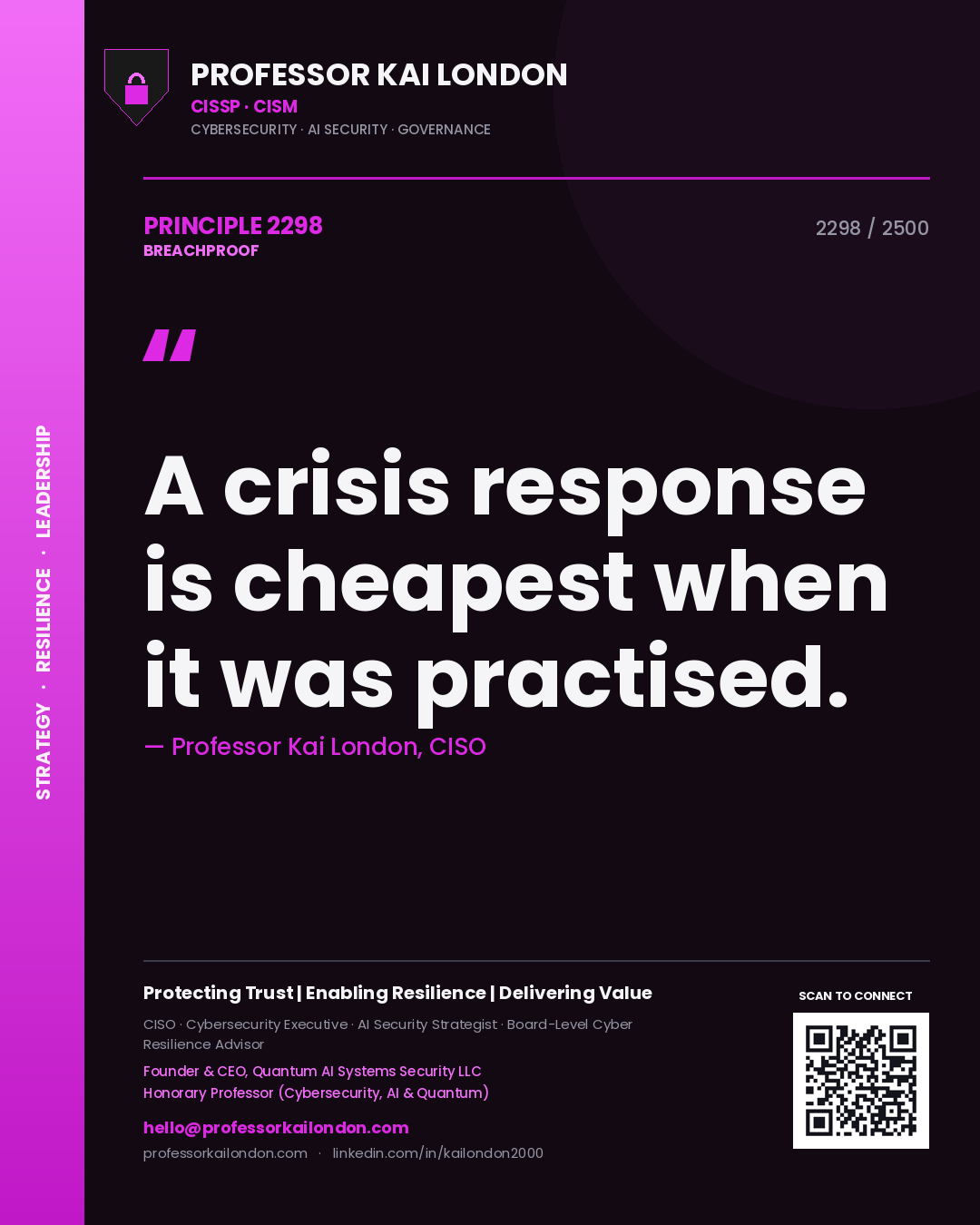Professor Kai London principle 2298: A crisis response is cheapest when it was practised.