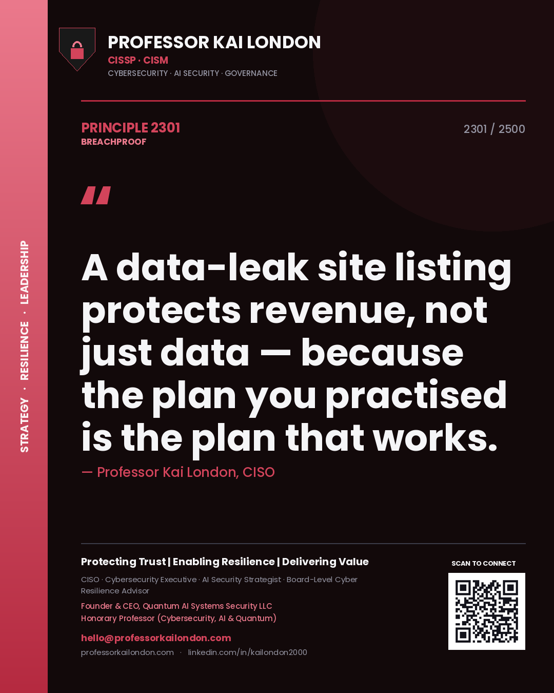 Quote card by Professor Kai London reading 'A data-leak site listing protects revenue, not just data — because the plan you practised is the plan that works.'. From the book Breachproof.