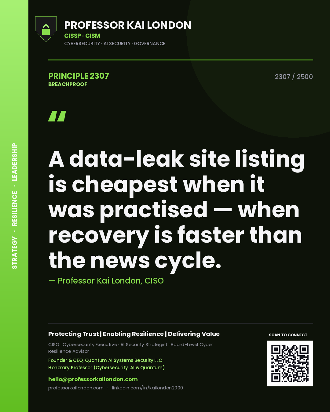 Quote card by Professor Kai London reading 'A data-leak site listing is cheapest when it was practised — when recovery is faster than the news cycle.'. From the book Breachproof.