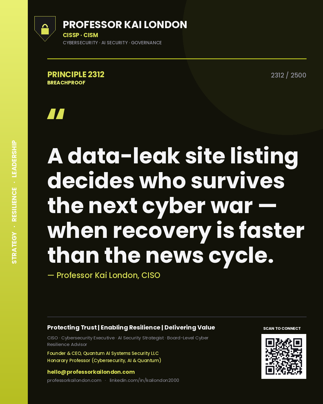 Quote card by Professor Kai London reading 'A data-leak site listing decides who survives the next cyber war — when recovery is faster than the news cycle.'. From the book Breachproof.