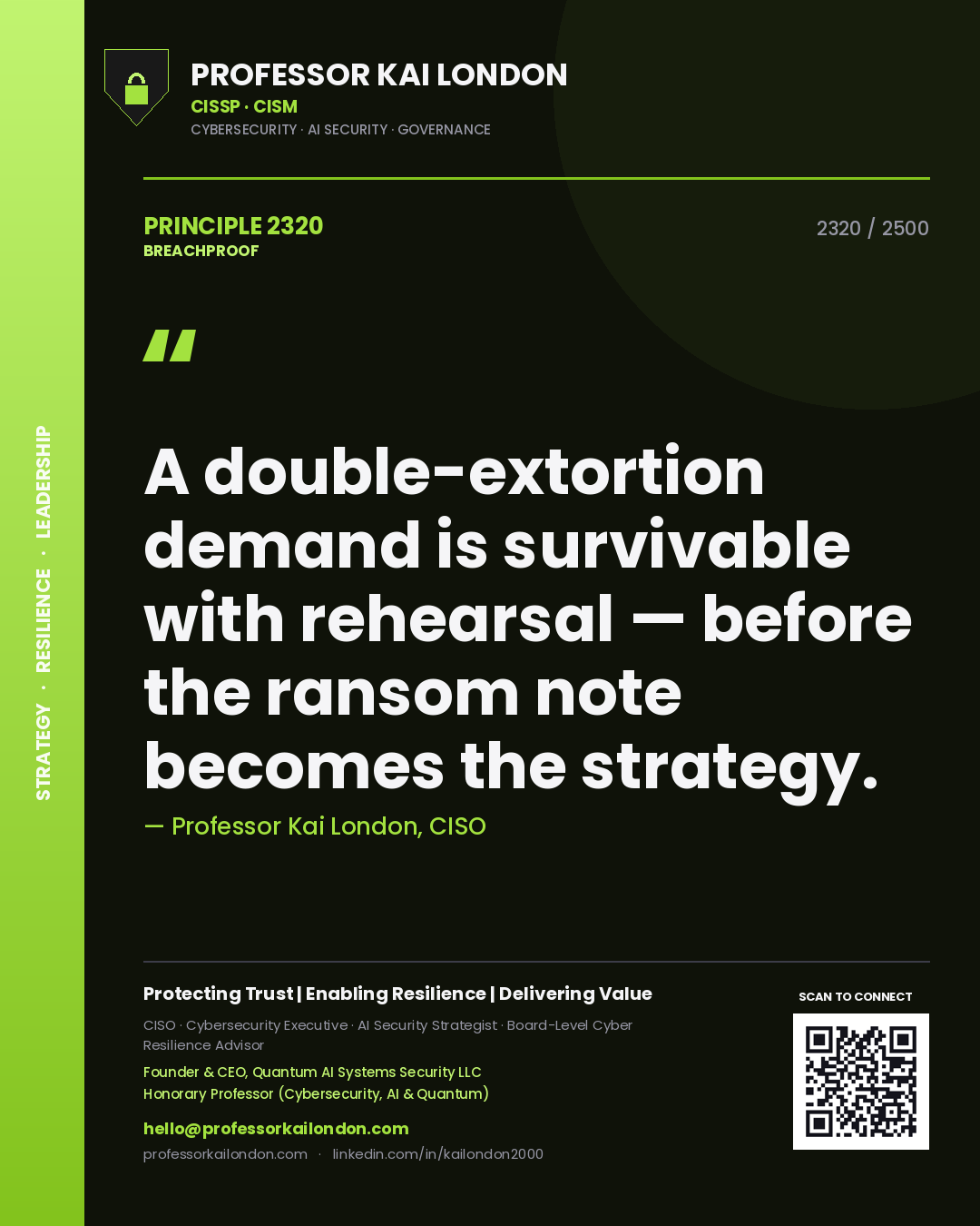 Quote card by Professor Kai London reading 'A double-extortion demand is survivable with rehearsal — before the ransom note becomes the strategy.'. From the book Breachproof.