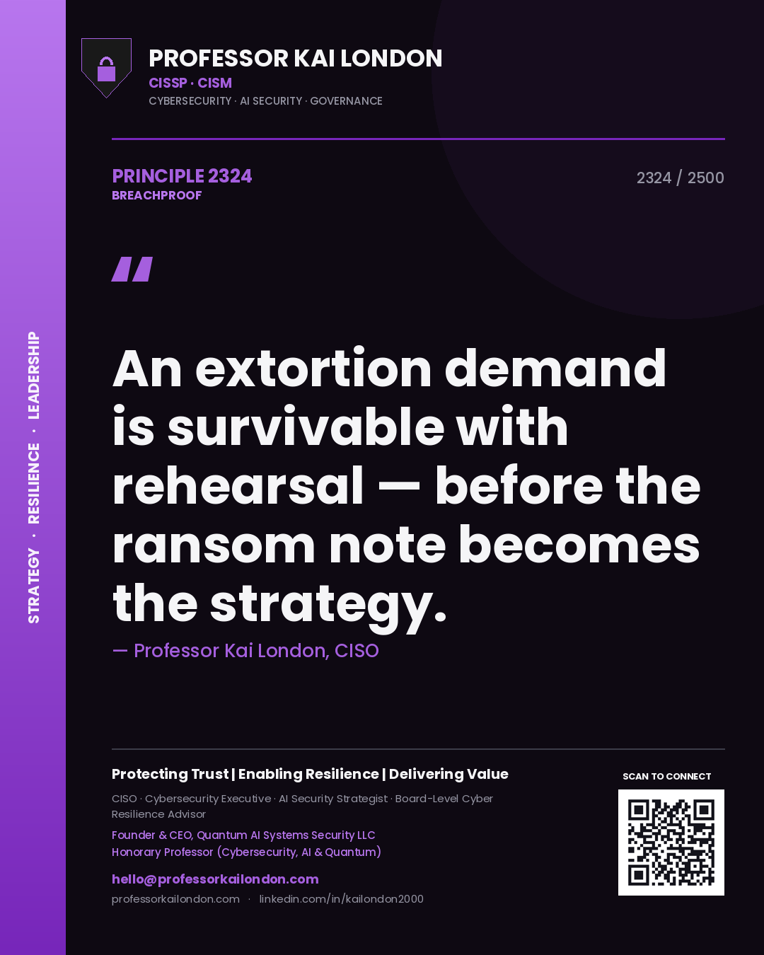 Quote card by Professor Kai London reading 'An extortion demand is survivable with rehearsal — before the ransom note becomes the strategy.'. From the book Breachproof.