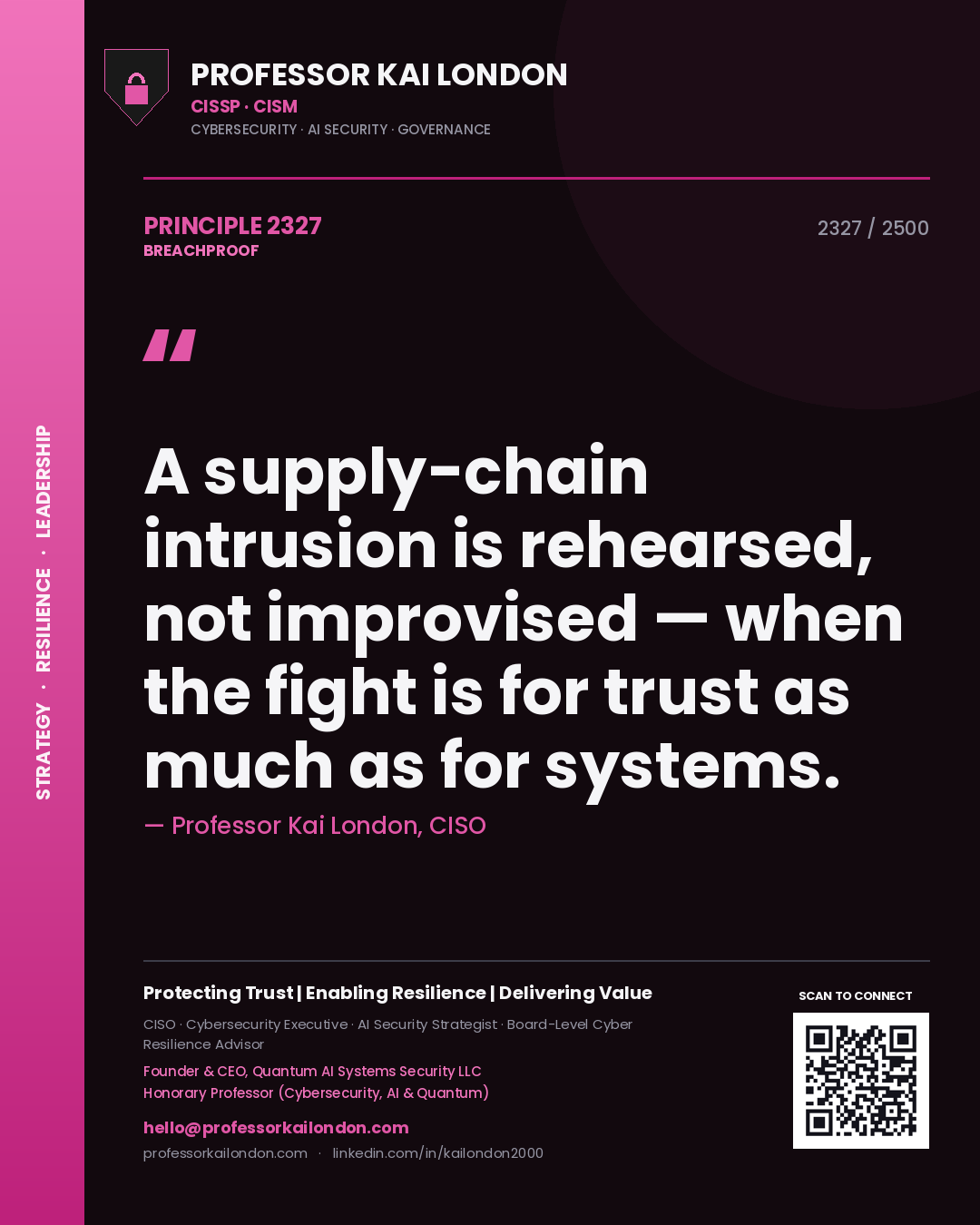 Quote card by Professor Kai London reading 'A supply-chain intrusion is rehearsed, not improvised — when the fight is for trust as much as for systems.'. From the book Breachproof.