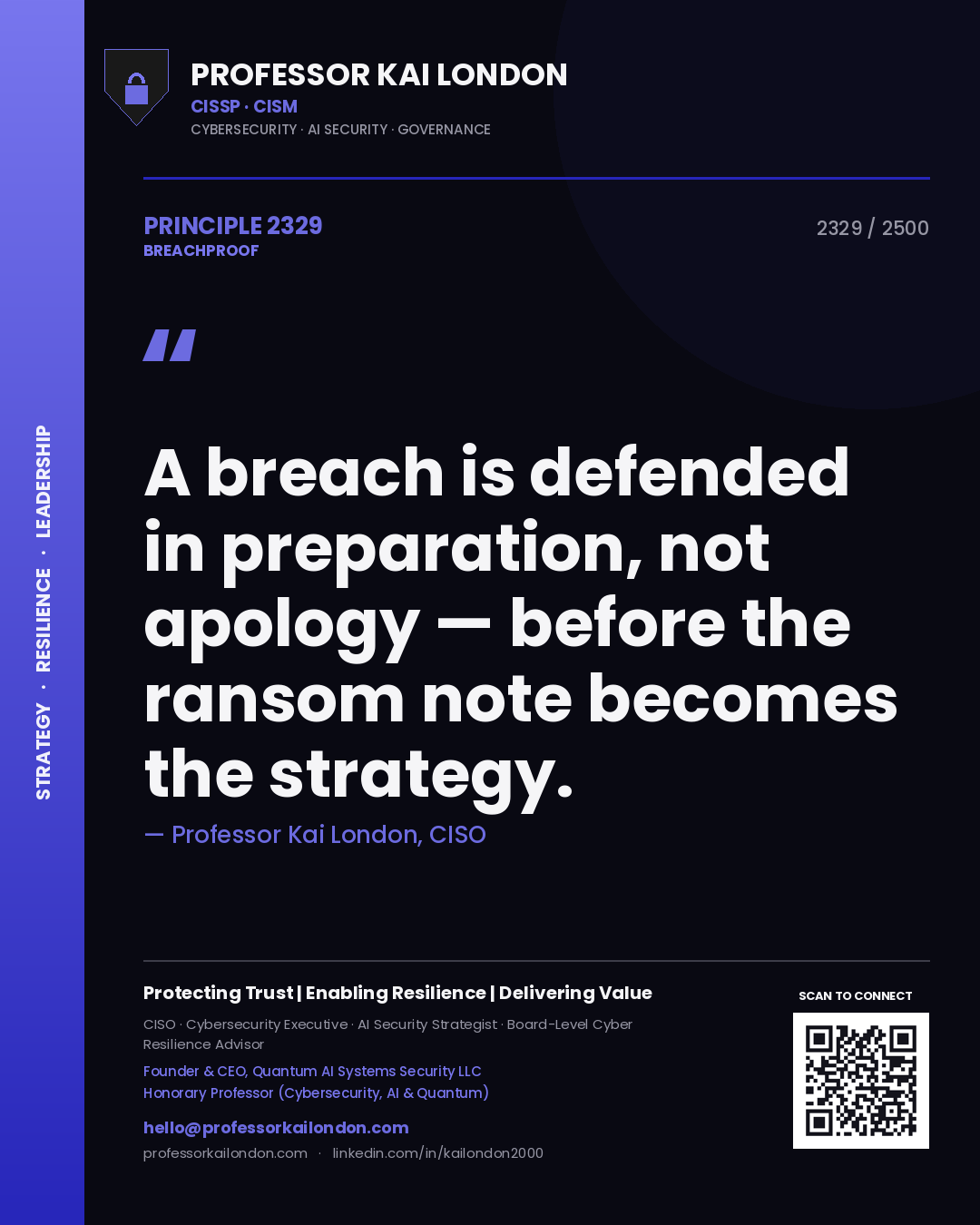 Quote card by Professor Kai London reading 'A breach is defended in preparation, not apology — before the ransom note becomes the strategy.'. From the book Breachproof.