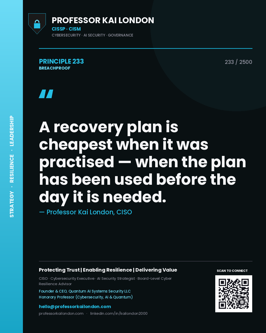 Quote card by Professor Kai London reading 'A recovery plan is cheapest when it was practised — when the plan has been used before the day it is needed.'. From the book Breachproof.