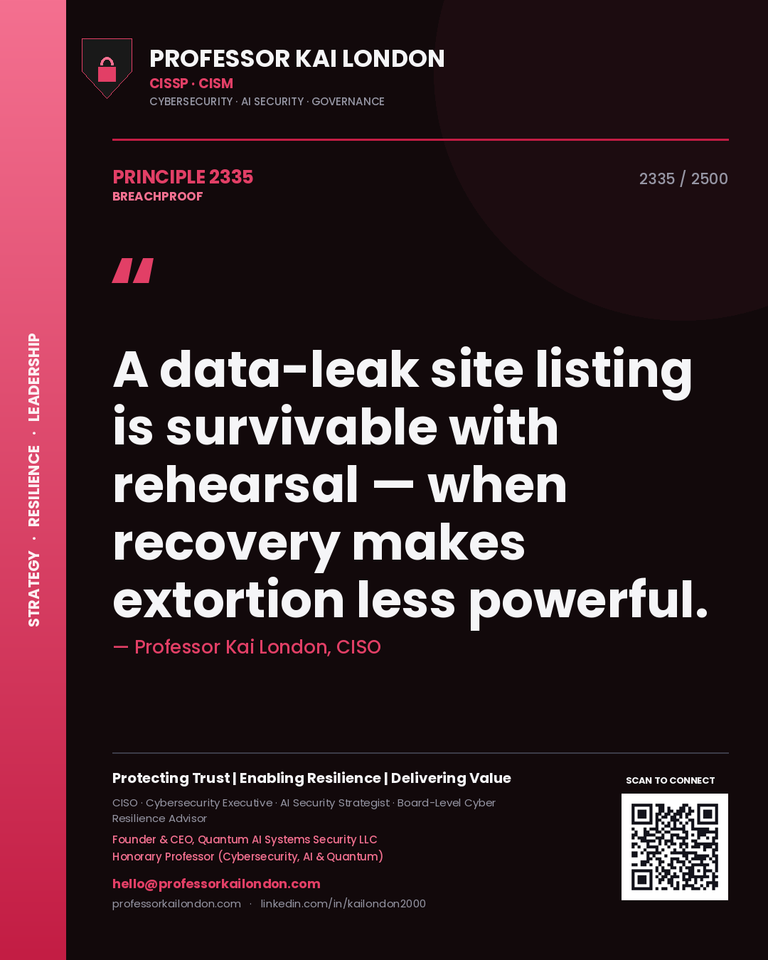 Quote card by Professor Kai London reading 'A data-leak site listing is survivable with rehearsal — when recovery makes extortion less powerful.'. From the book Breachproof.