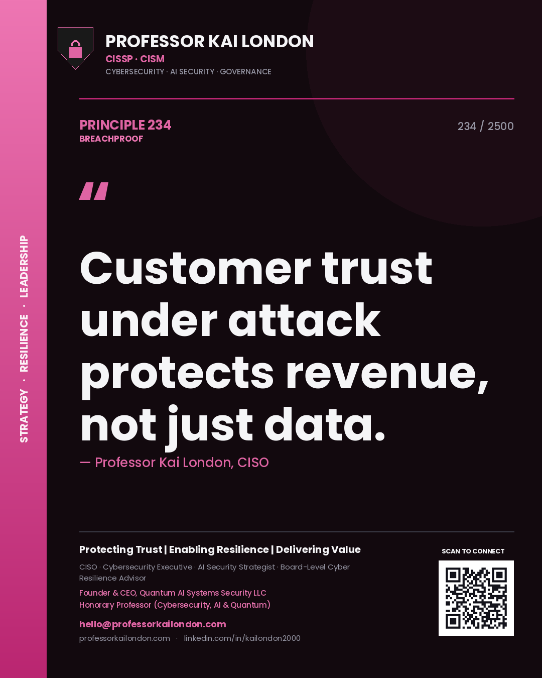 Quote card by Professor Kai London reading 'Customer trust under attack protects revenue, not just data.'. From the book Breachproof.