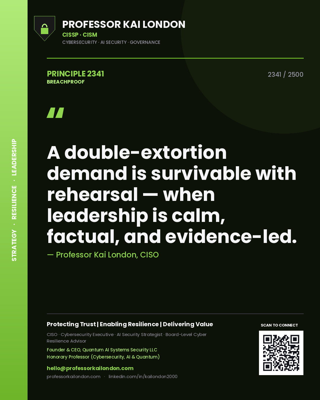 Professor Kai London principle 2341: A double-extortion demand is survivable with rehearsal — when leadership is calm, factual, and evidence-led.