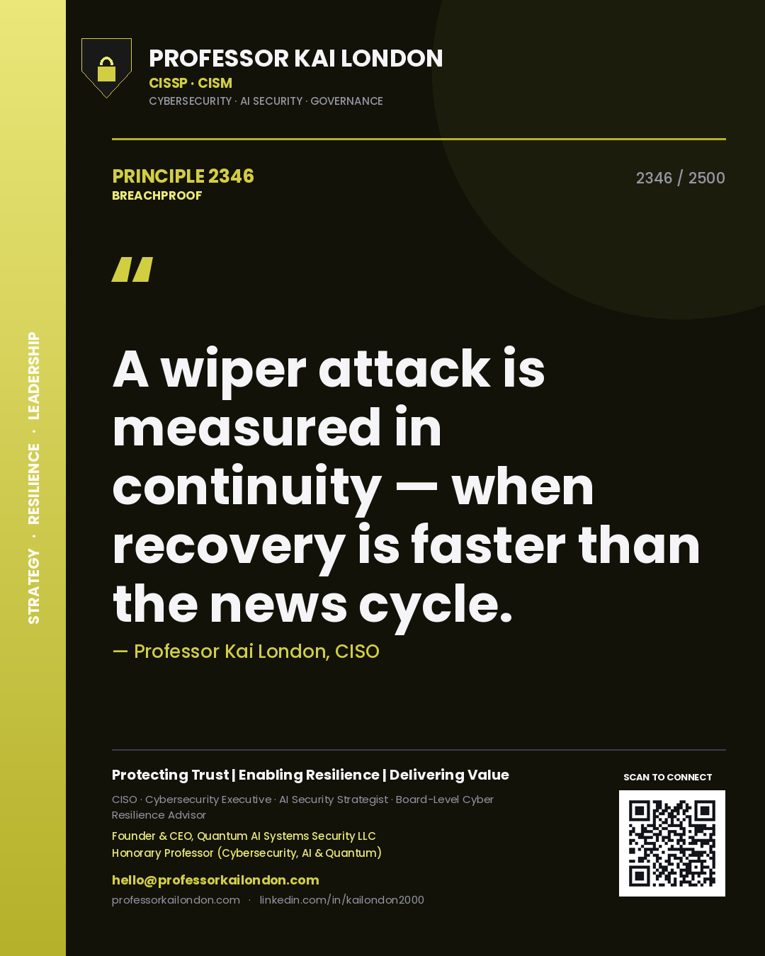 Quote card by Professor Kai London reading 'A wiper attack is measured in continuity — when recovery is faster than the news cycle.'. From the book Breachproof.