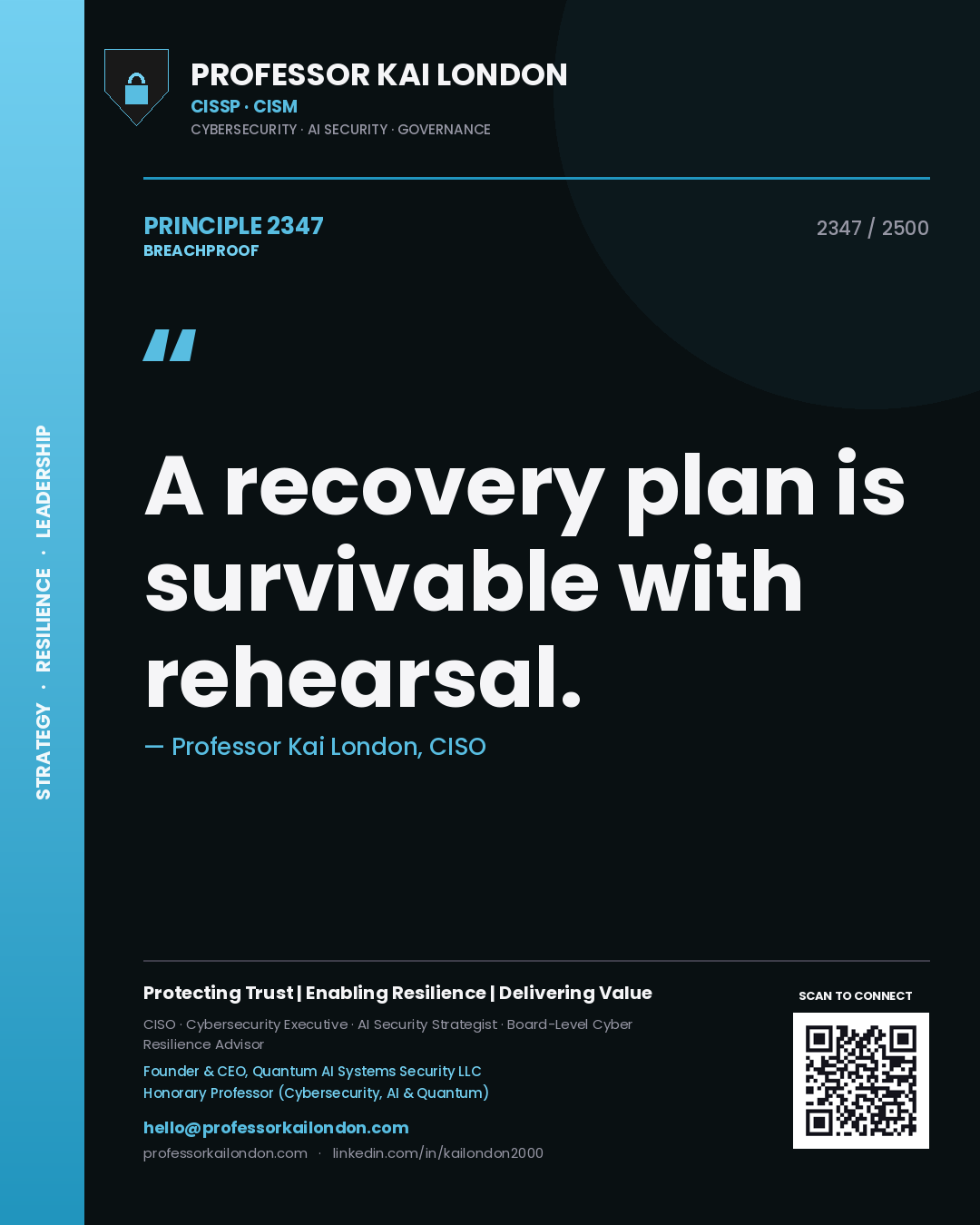 Quote card by Professor Kai London reading 'A recovery plan is survivable with rehearsal.'. From the book Breachproof.