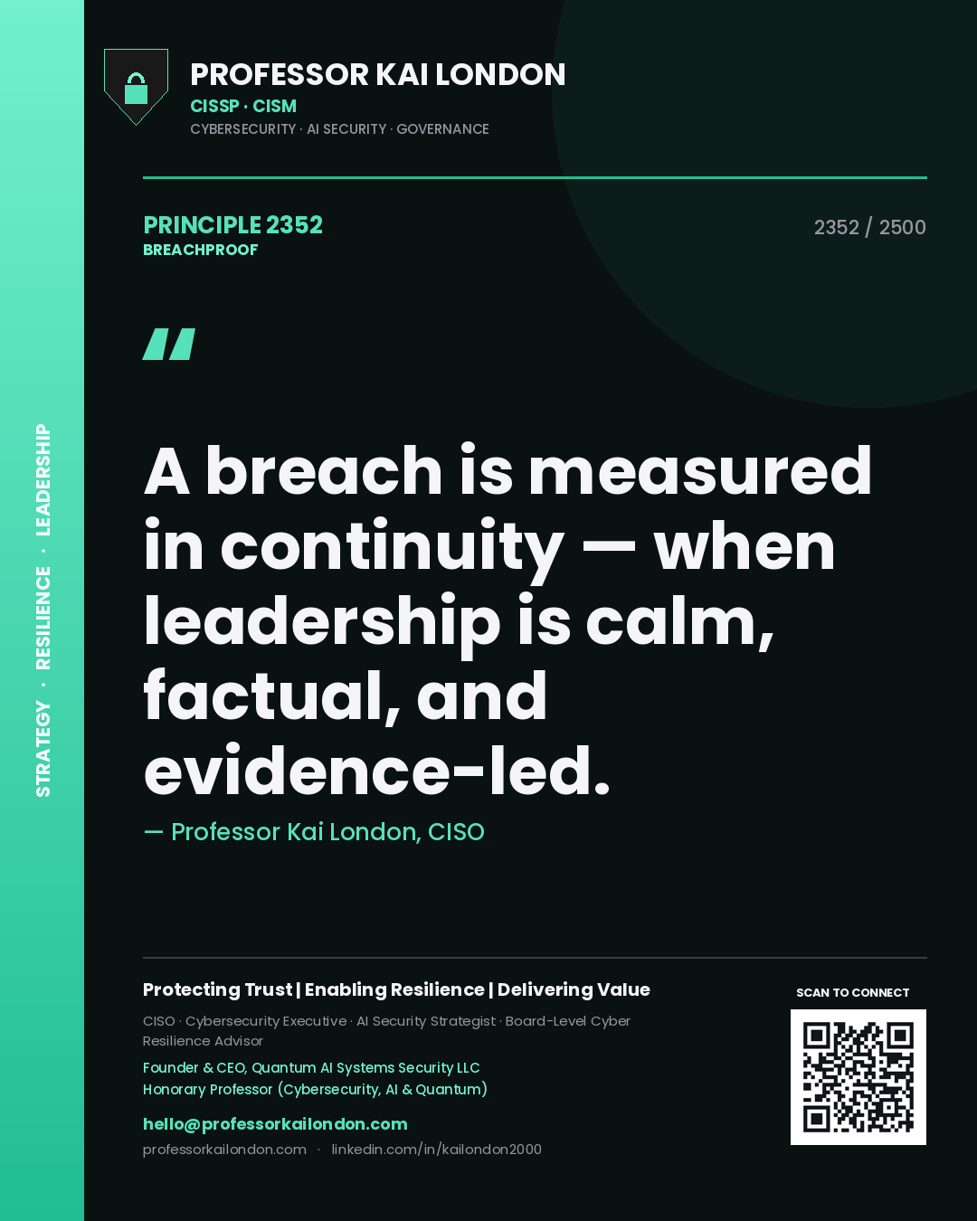 Quote card by Professor Kai London reading 'A breach is measured in continuity — when leadership is calm, factual, and evidence-led.'. From the book Breachproof.