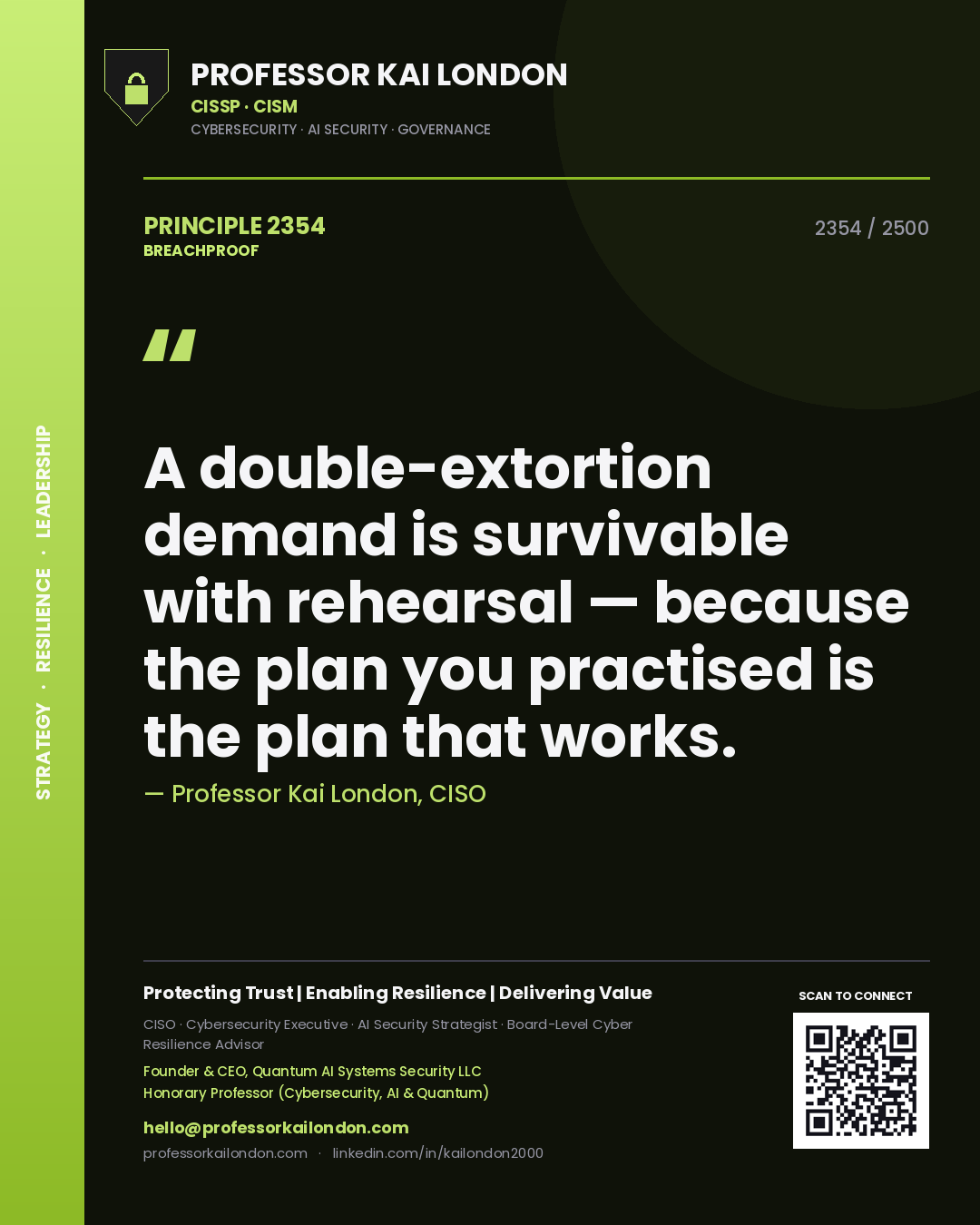 Quote card by Professor Kai London reading 'A double-extortion demand is survivable with rehearsal — because the plan you practised is the plan that works.'. From the book Breachproof.