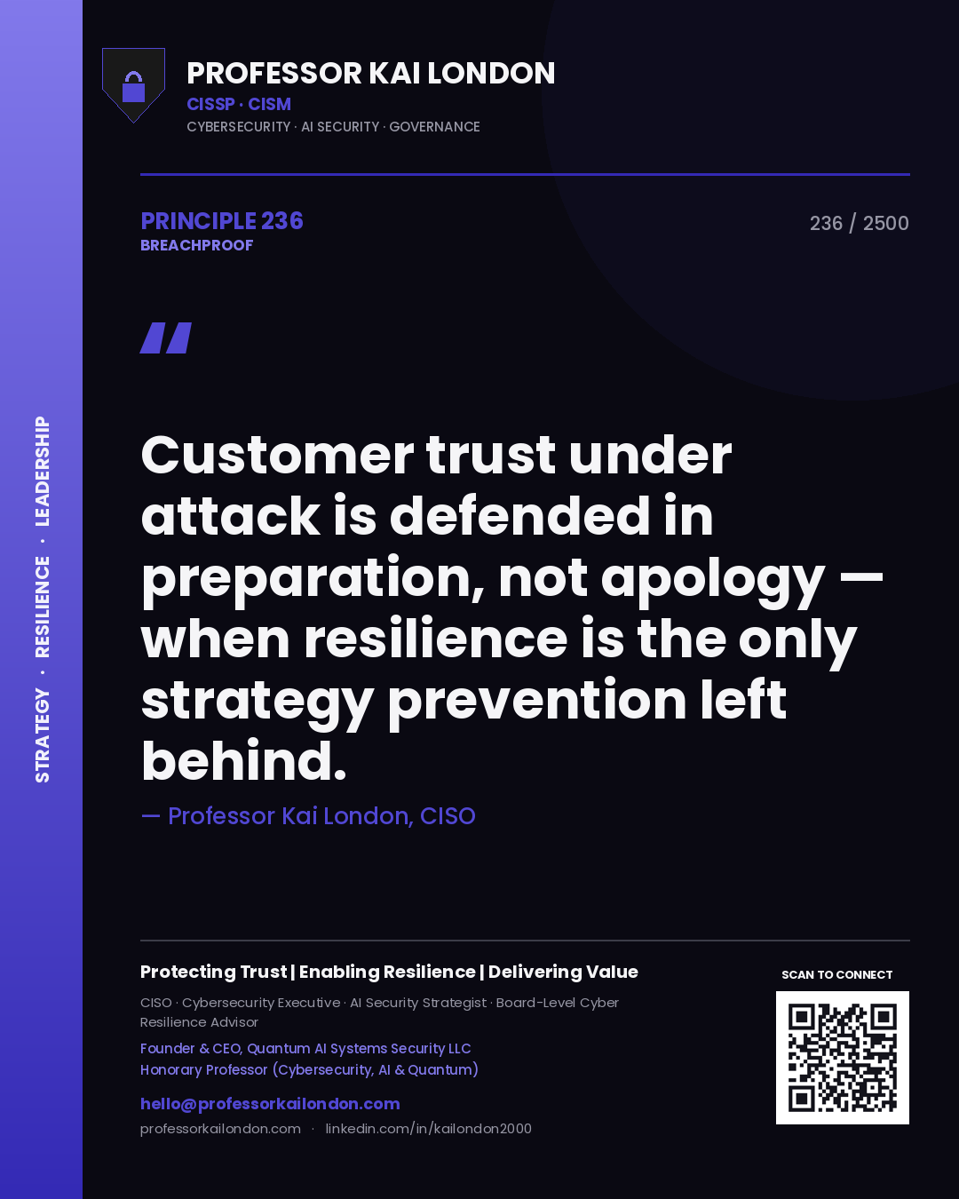 Quote card by Professor Kai London reading 'Customer trust under attack is defended in preparation, not apology — when resilience is the only strategy prevention left behind.'. From the book Breachproof.