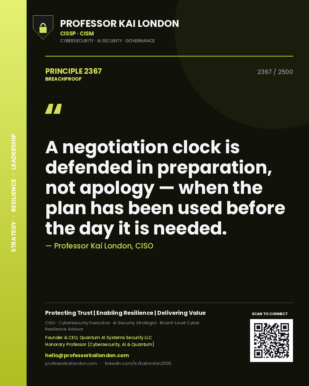 Quote card by Professor Kai London reading 'A negotiation clock is defended in preparation, not apology — when the plan has been used before the day it is needed.'. From the book Breachproof.