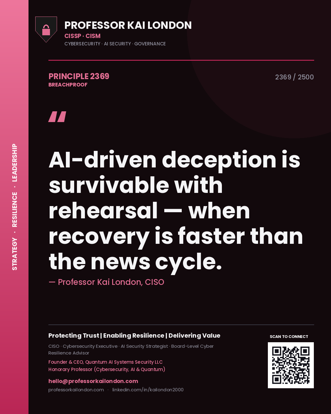 Quote card by Professor Kai London reading 'AI-driven deception is survivable with rehearsal — when recovery is faster than the news cycle.'. From the book Breachproof.