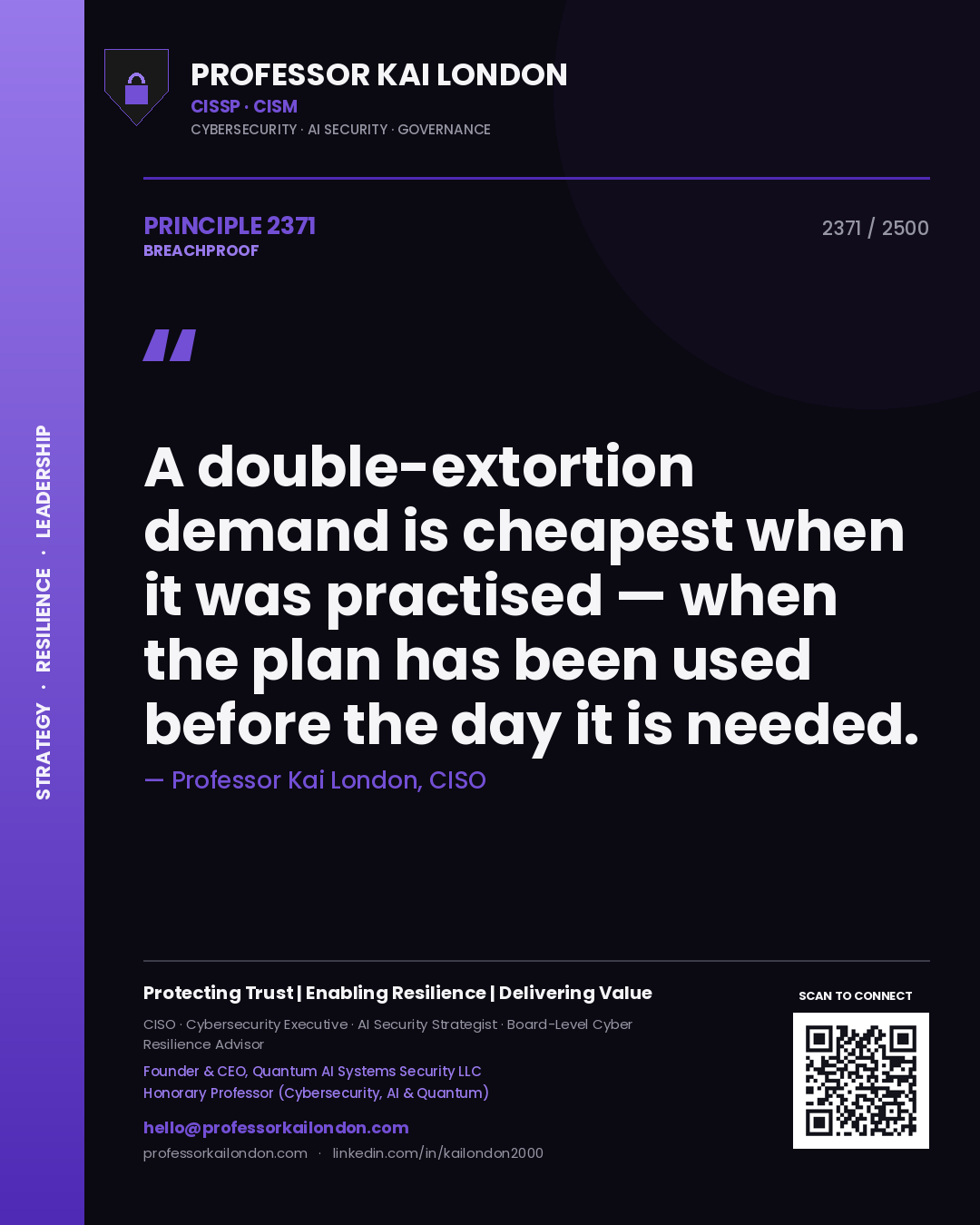 Quote card by Professor Kai London reading 'A double-extortion demand is cheapest when it was practised — when the plan has been used before the day it is needed.'. From the book Breachproof.