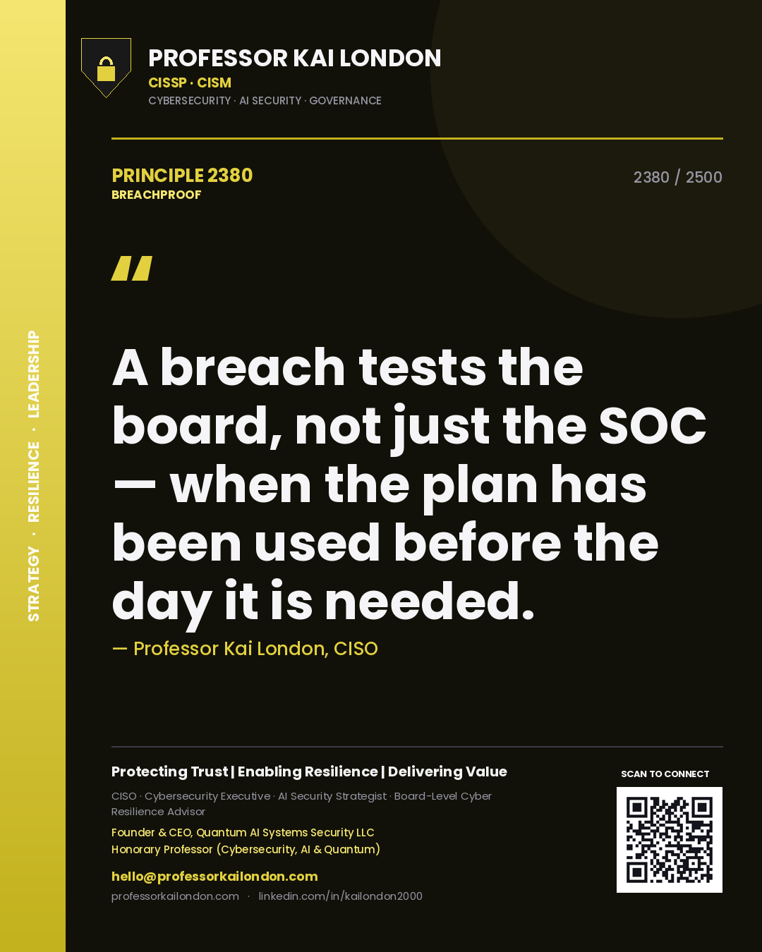 Quote card by Professor Kai London reading 'A breach tests the board, not just the SOC — when the plan has been used before the day it is needed.'. From the book Breachproof.