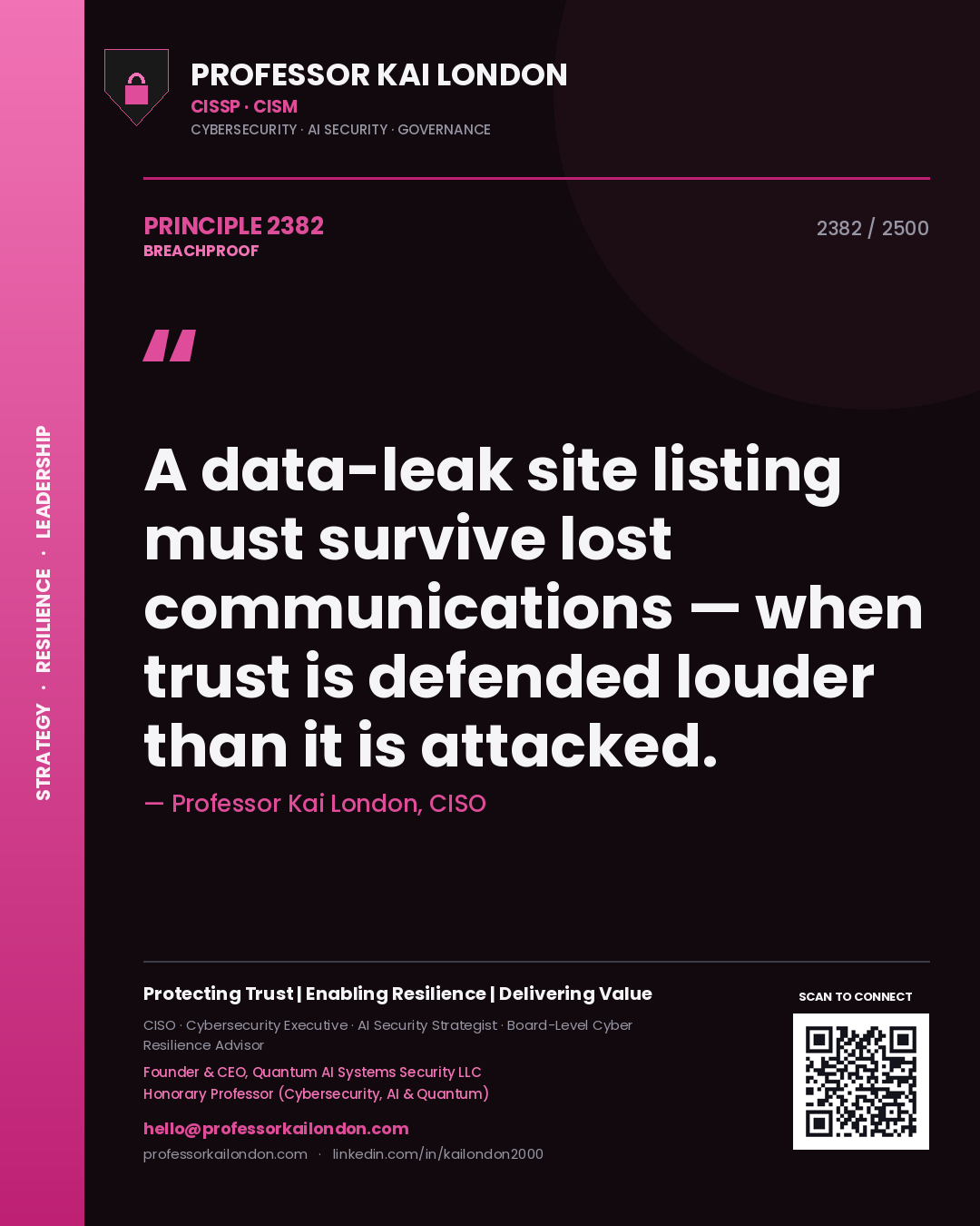 Quote card by Professor Kai London reading 'A data-leak site listing must survive lost communications — when trust is defended louder than it is attacked.'. From the book Breachproof.