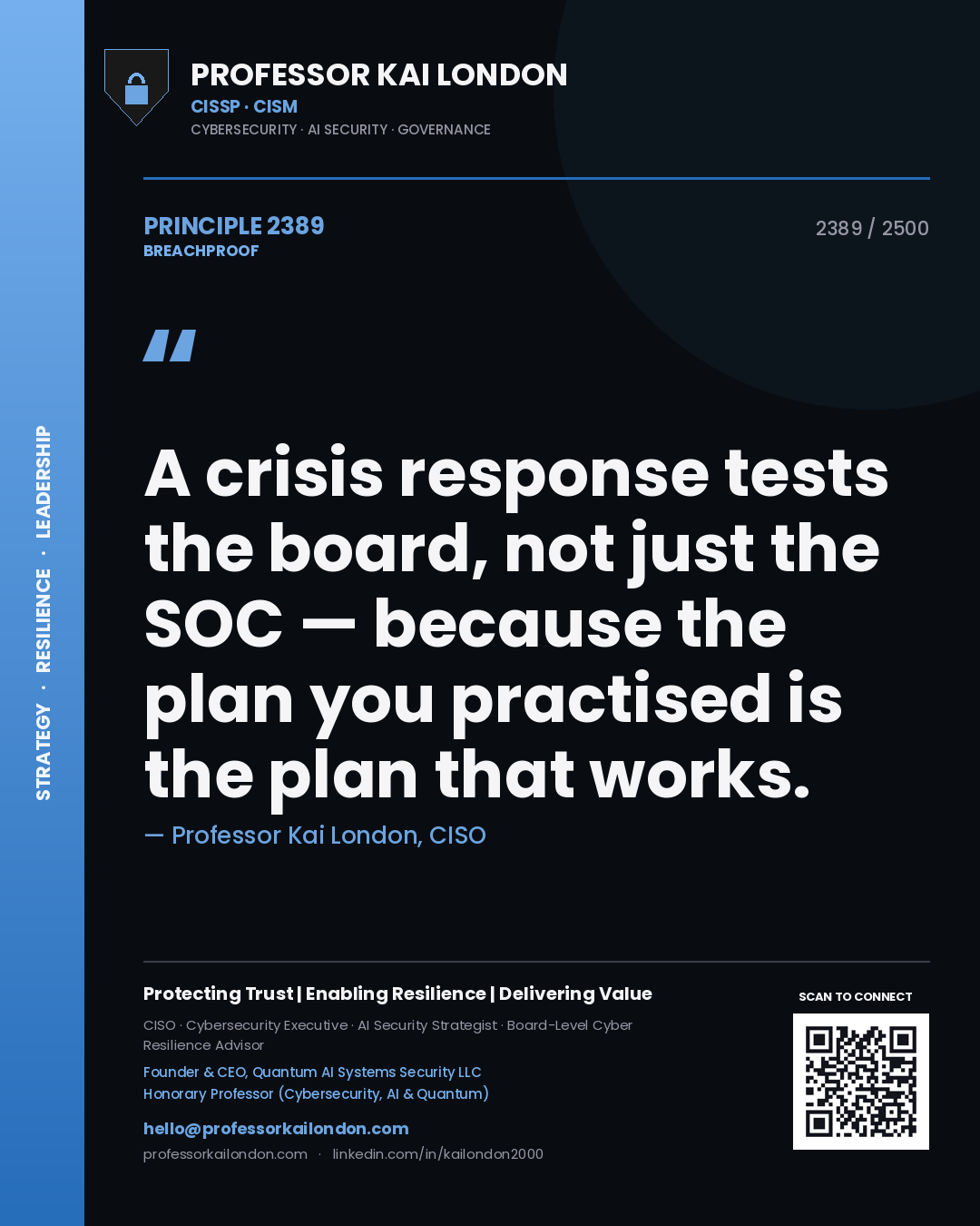 Quote card by Professor Kai London reading 'A crisis response tests the board, not just the SOC — because the plan you practised is the plan that works.'. From the book Breachproof.