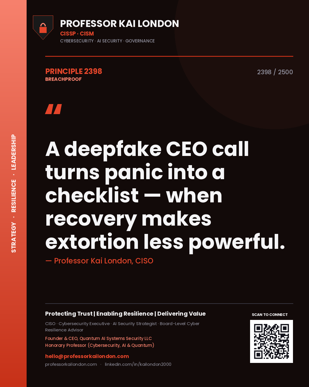 Quote card by Professor Kai London reading 'A deepfake CEO call turns panic into a checklist — when recovery makes extortion less powerful.'. From the book Breachproof.