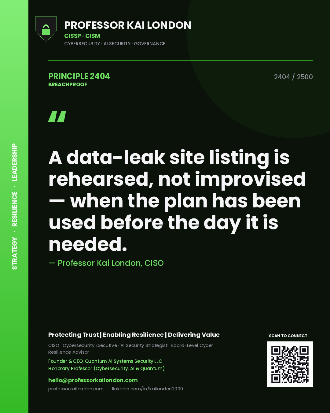 Quote card by Professor Kai London reading 'A data-leak site listing is rehearsed, not improvised — when the plan has been used before the day it is needed.'. From the book Breachproof.