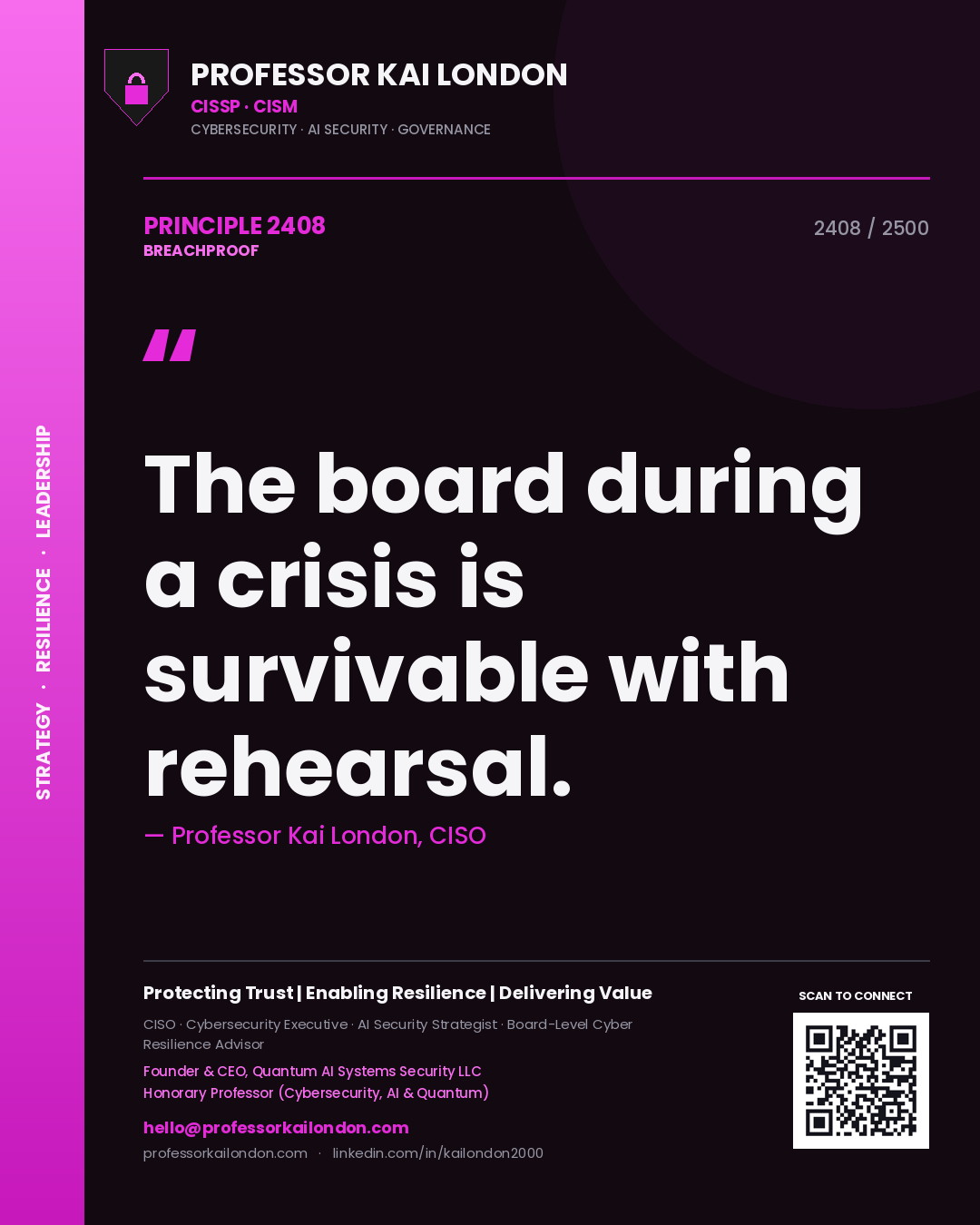 Quote card by Professor Kai London reading 'The board during a crisis is survivable with rehearsal.'. From the book Breachproof.