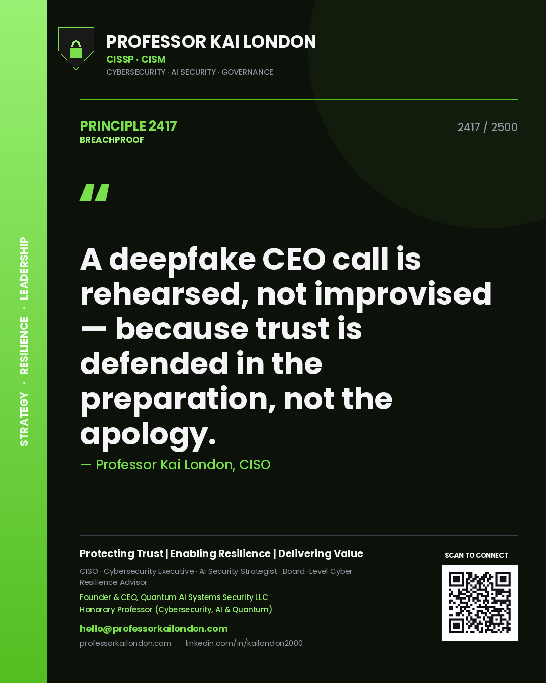 Quote card by Professor Kai London reading 'A deepfake CEO call is rehearsed, not improvised — because trust is defended in the preparation, not the apology.'. From the book Breachproof.