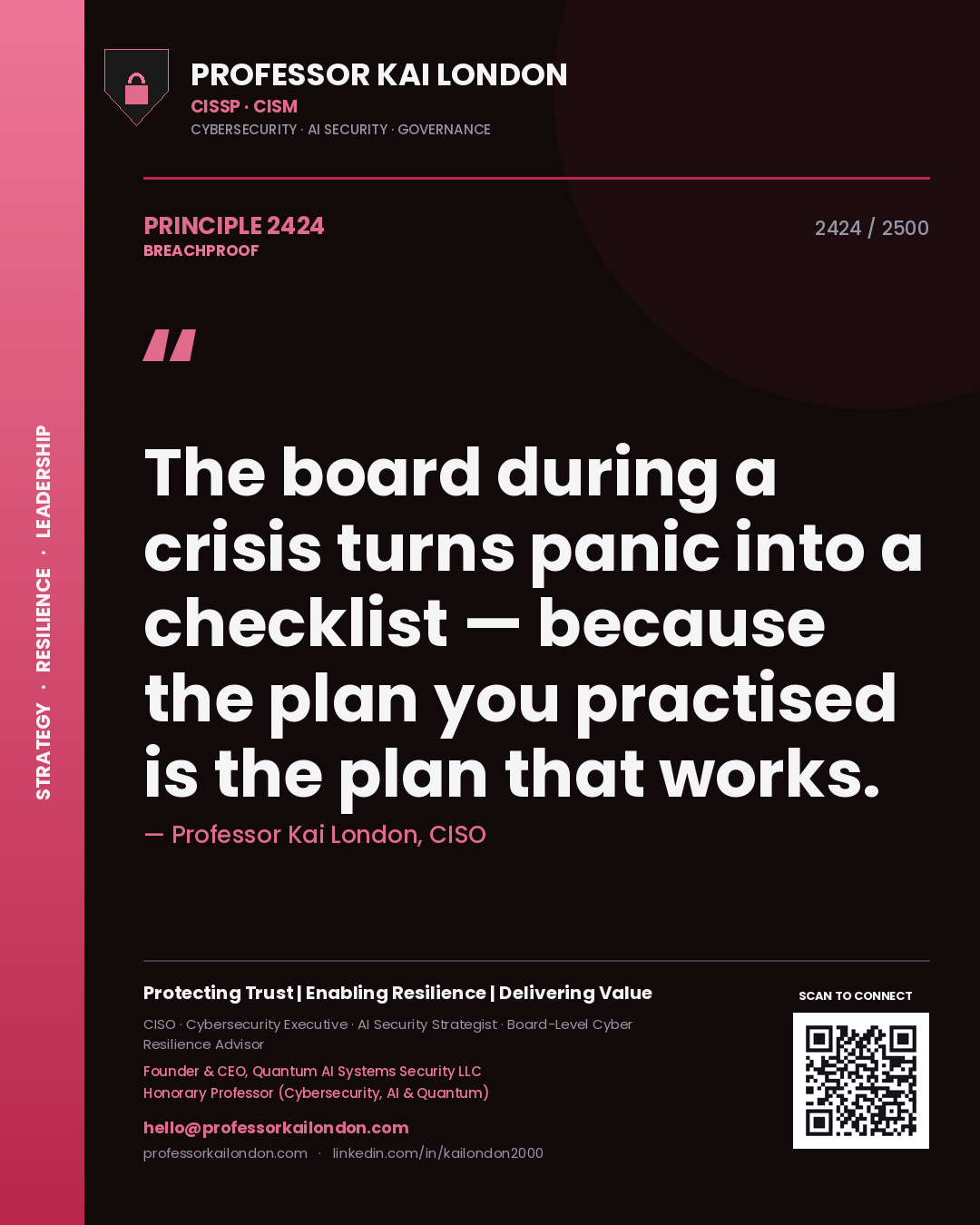 Professor Kai London principle 2424: The board during a crisis turns panic into a checklist — because the plan you practised is the plan that works.