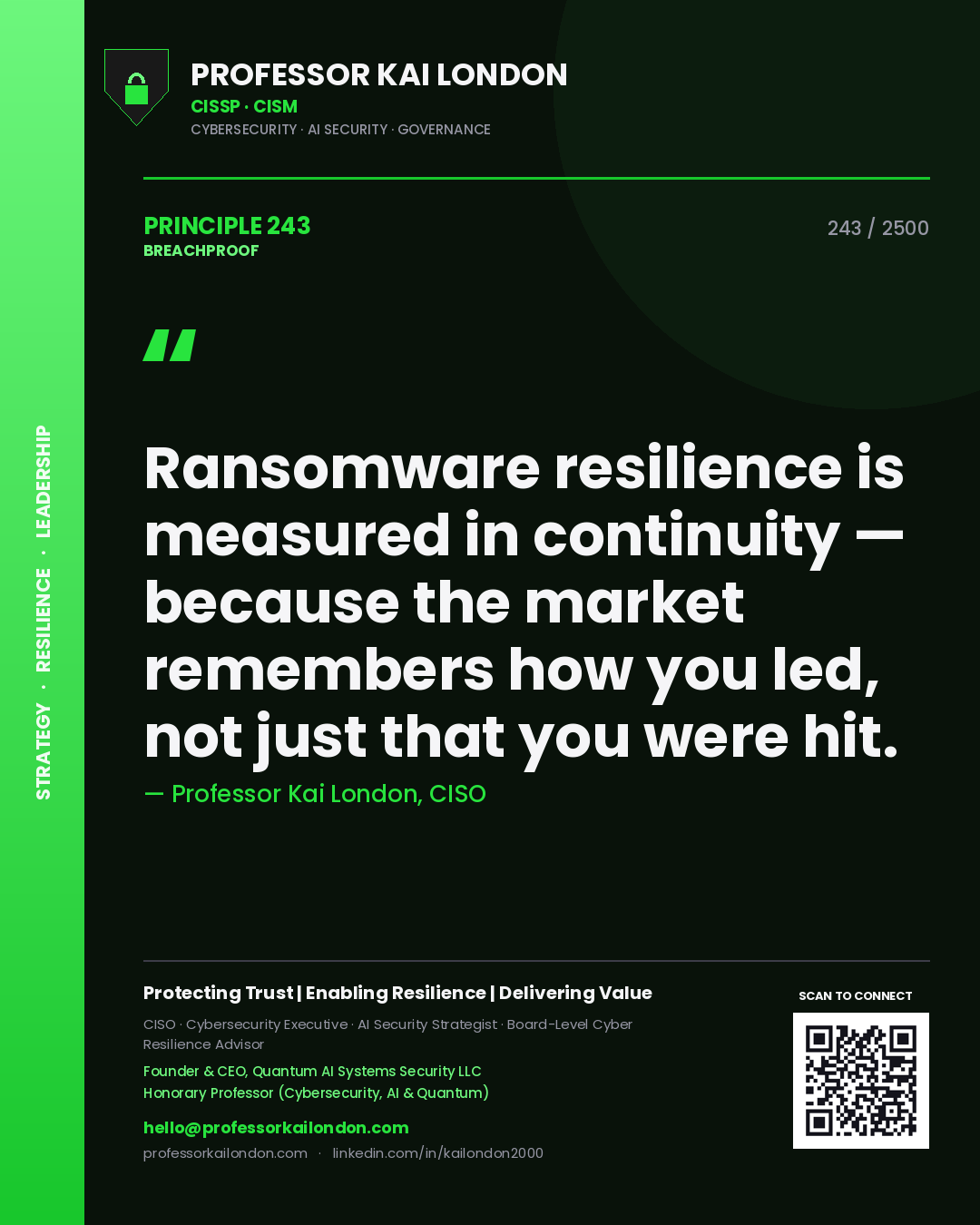 Quote card by Professor Kai London reading 'Ransomware resilience is measured in continuity — because the market remembers how you led, not just that you were hit.'. From the book Breachproof.