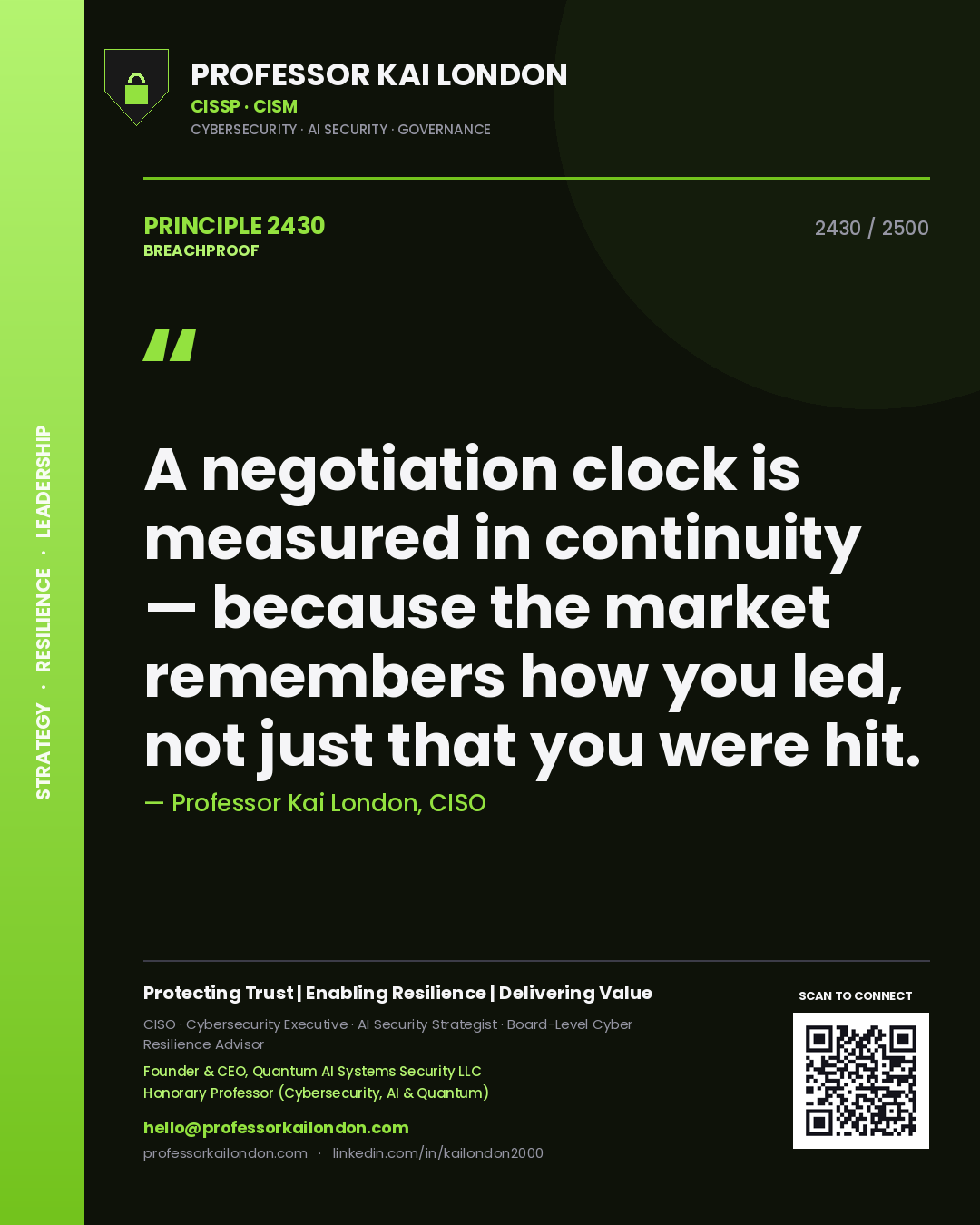 Quote card by Professor Kai London reading 'A negotiation clock is measured in continuity — because the market remembers how you led, not just that you were hit.'. From the book Breachproof.